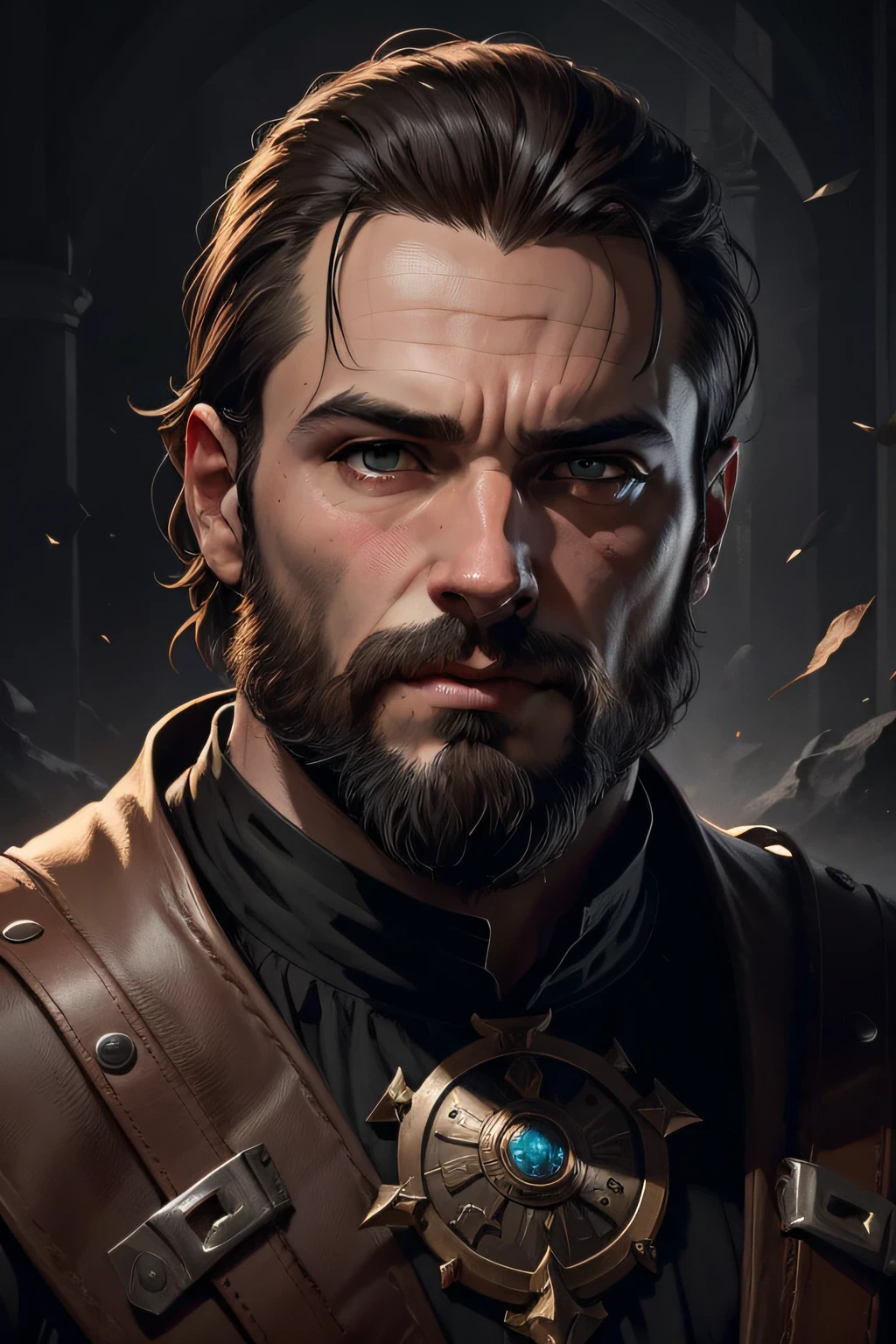 um homem jovem com barba e barba de casaco preto, Epic portrait illustration, retrato da arte do personagem, arte do retrato do personagem, RPG retrato arte conceitual, retrato de alta qualidade, retrato de personagem pintado, retrato da arte do conceito do personagem, retrato detalhado do caractere, retrato de personagem de closeup, epic RPG portrait, epic character portrait, Estilo de Raymond Swanland, 2 d concept art head macro shot