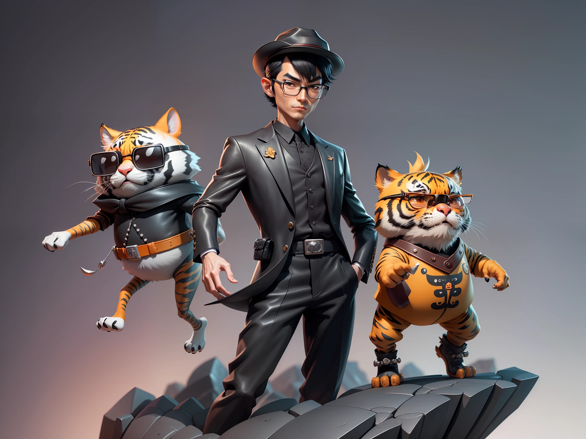 Young man with oriental face in leather hat, tiger, oriental face in formal suit, short black hair, silver glasses, digital painting, 3D character design by Mark Clairedon and Pixar and Hayao Miyazaki and Akira Toriyama, the illustration is a high-definition illustration in 4K resolution with very detailed facial features and cartoon-style visuals.