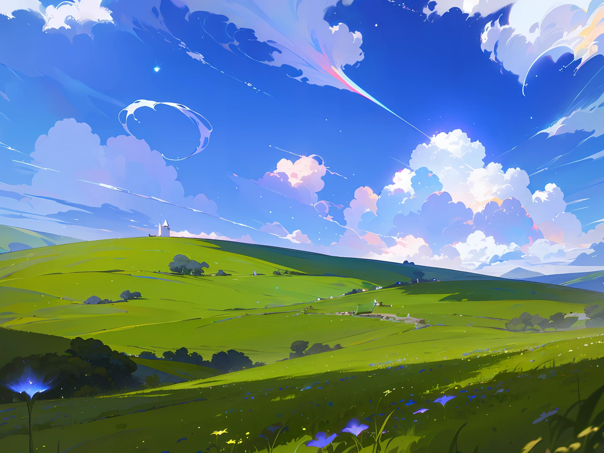 (Best quality),(masterpiece),(ultra detailed),(high detailed),(extremely detailed),Subject: Anime style arafed green field with a blue sky Dreamscapes
Medium: Digital illustration or traditional painting.
Resolution: 4000x2000 pixels.
Color Palette: Soft pastel colors with a mix of vibrant hues.
Mood: Magical, ethereal, and serene.
Composition: arafed green field with a blue sky, Expansive skies, whimsical clouds, and other dreamlike elements.
Lighting: Soft, diffused lighting with a warm, golden glow.
Style: Anime-inspired with a touch of fantasy and surrealism.
Details: Include elements such as shooting stars, colorful nebulae, fluffy clouds, and mystical creatures.
Inspiration: Anime fantasy worlds, Studio Ghibli films, surreal art, and celestial imagery.
Camera Setup: None (since it's a digital illustration).
Additional Notes: Emphasize the vastness and beauty of the sky by creating a sense of depth and space. Experiment with various cloud formations and shapes, ranging from fluffy cumulus clouds to wispy cirrus clouds. Incorporate celestial elements like moons, stars, and galaxies to enhance the dreamy atmosphere. Use soft brush strokes and blending techniques to create a seamless and ethereal look. Play with lighting effects, such as gentle rays of sunlight or glowing orbs, to add a magical touch. Consider adding whimsical creatures like flying dragons or floating jellyfish to bring a sense of wonder to the scene. Don't be afraid to let your imagination soar and create a dreamlike world that captures the essence of anime fantasy.