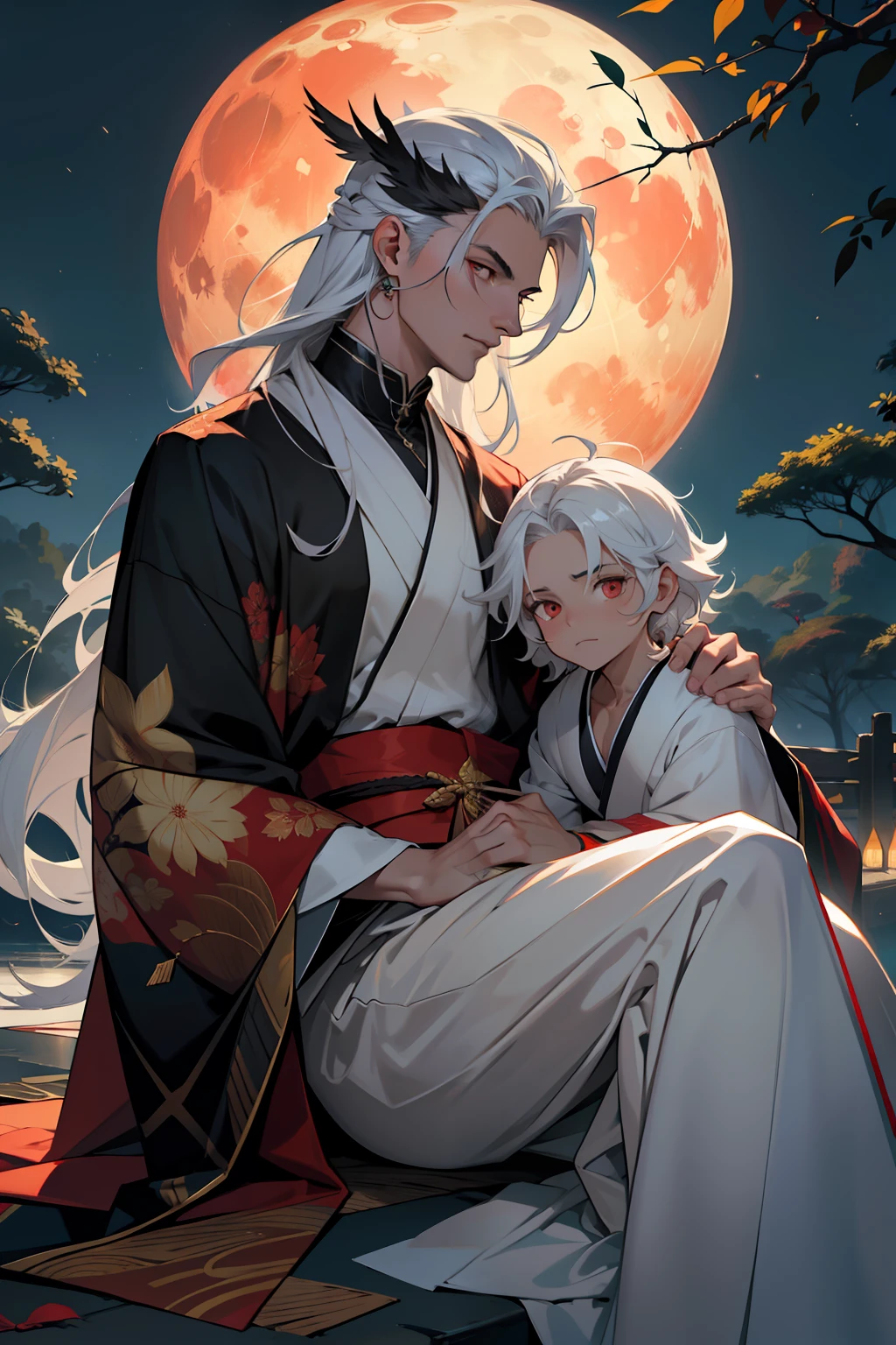 (melhor qualidade)), ((obra-prima)), (altamente detalhado:1.3) pale, homem magro parecido com o Conde D (petshop dos horrores) com longo, curly white hair reaching the floor and red eyes with a luxurious kimono, holding a fan lying on the thick branches of a white tree at night on a red moon night, rosto delicado, androgynous, rosto detalhado, perfect hands, mariposas enfeitando o cabelo, very long hair, cabelos volumosos e encaracolados, rosto delicadissimo