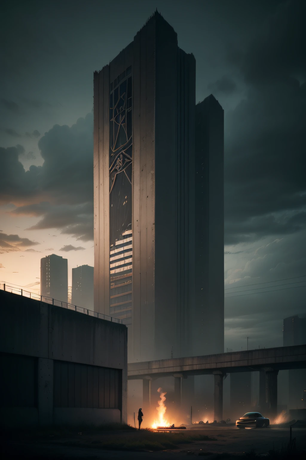 hyper realisitc, scenery, Large concrete building, Architectural gigantism, brutalism, Lots of windows in the building, Huge beams with occult symbols, Dark, gloomy landscape, dark sky, black clouds, A small naked man in the foreground stands on all fours, bonfires on the horizon, A flock of ravens, melancholy