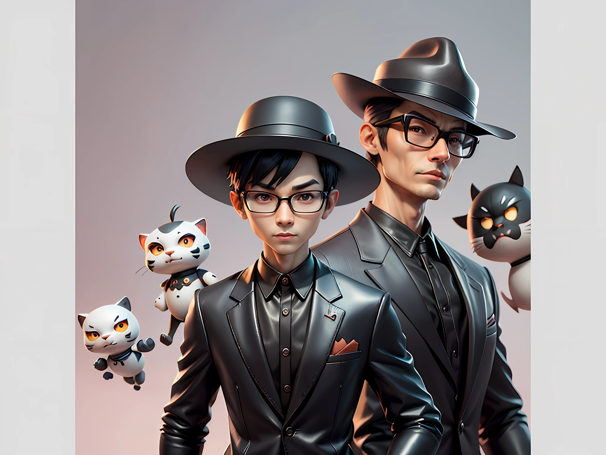 Young man with oriental face in leather hat, tiger, oriental face in formal suit, short black hair, silver glasses, digital painting, 3D character design by Mark Clairedon and Pixar and Hayao Miyazaki and Akira Toriyama, the illustration is a high-definition illustration in 4K resolution with very detailed facial features and cartoon-style visuals.