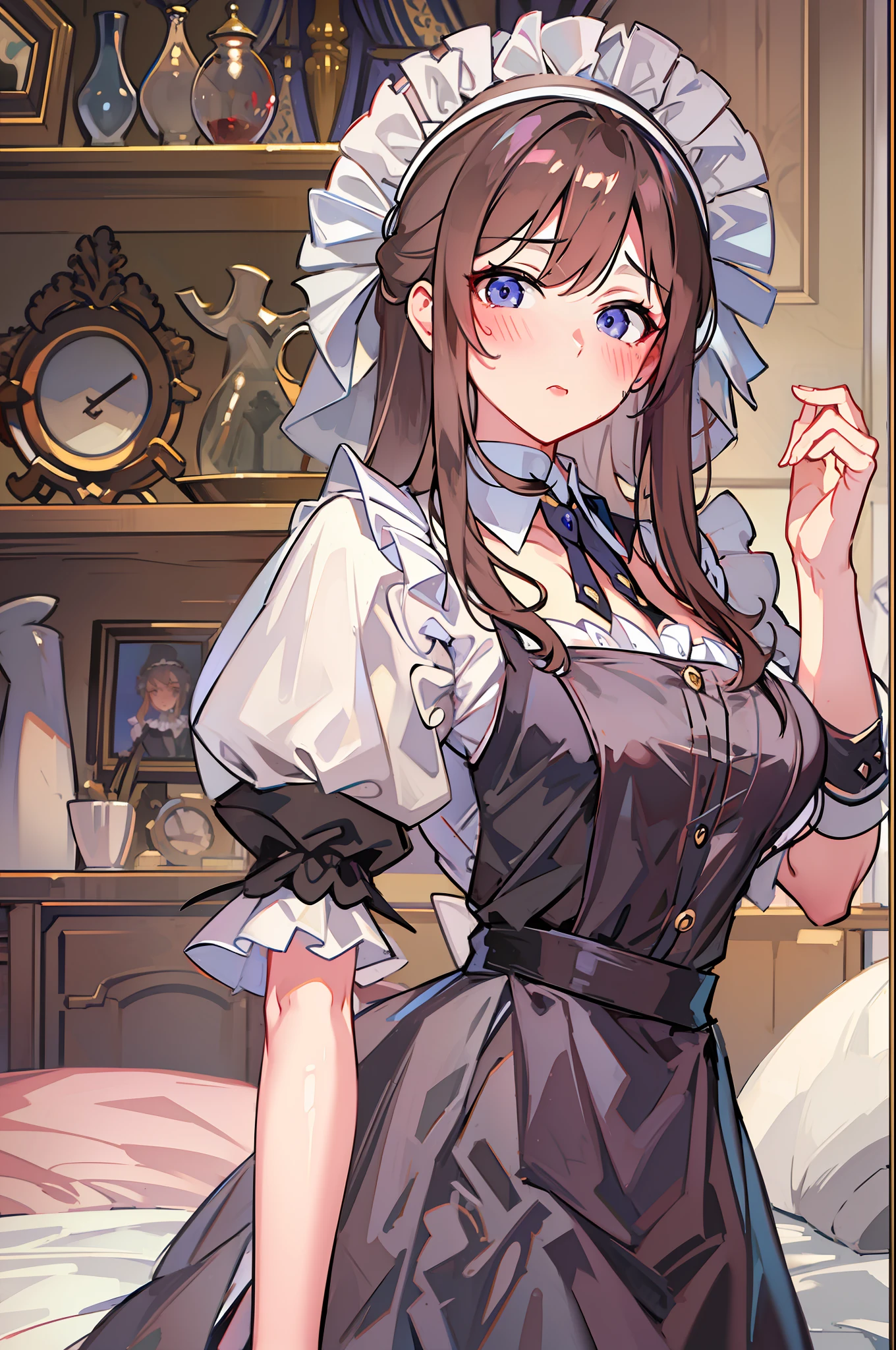 masterpiece, best quality, dress, puffy sleeves, maid apron, maid headdress, cowboy shot, blushing, avoiding eye contact, bedroom,