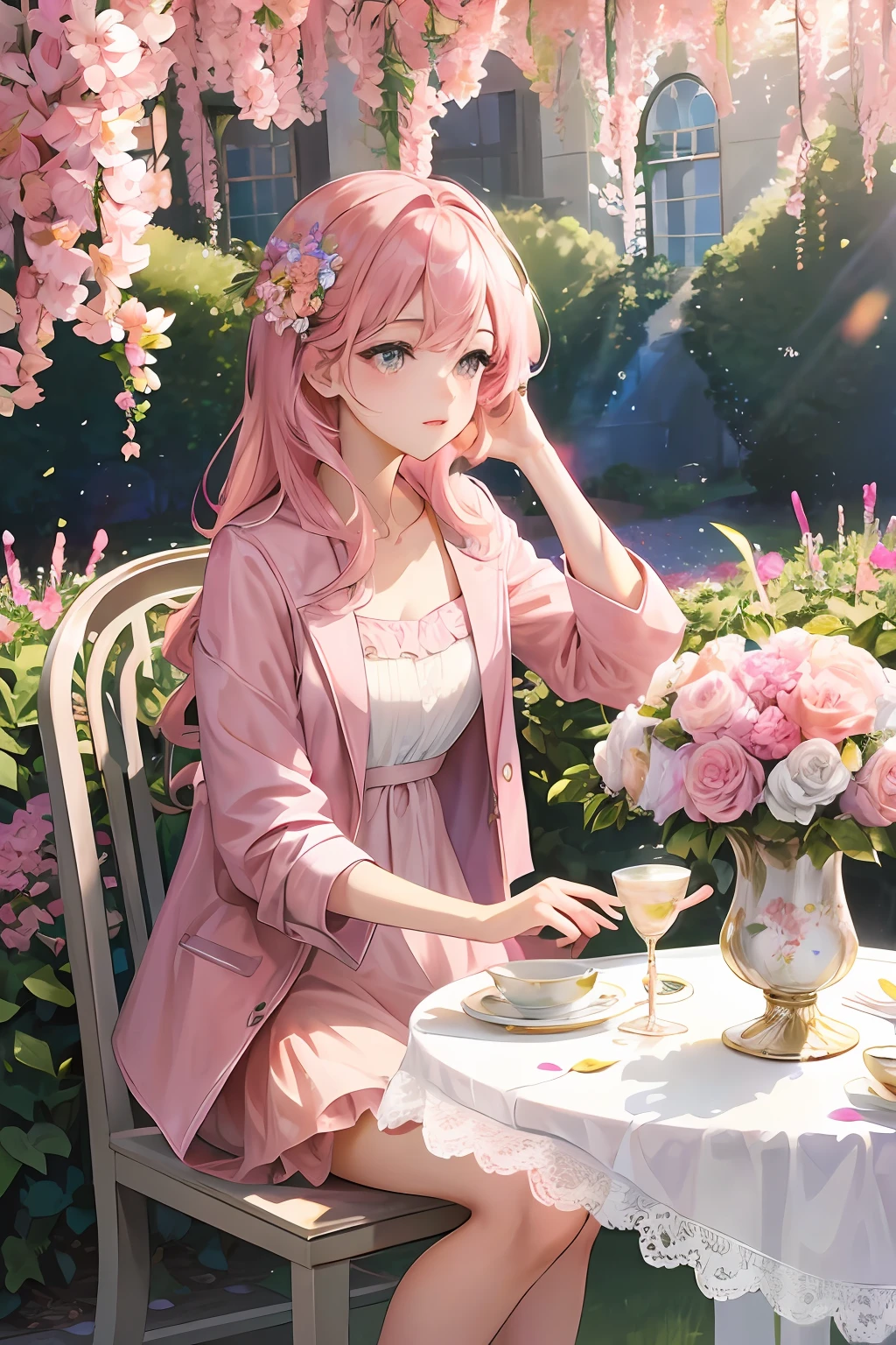 Colored shiny eyes,Pink dress jacket,In a garden full of flowers,Sit at the table for afternoon tea,exteriors,Warm light,sunny clear sky,Sprinkle petals,tmasterpiece,top Quority,Perfect image quality,Beautiful and gentle,A high resolution,Detail enhancement