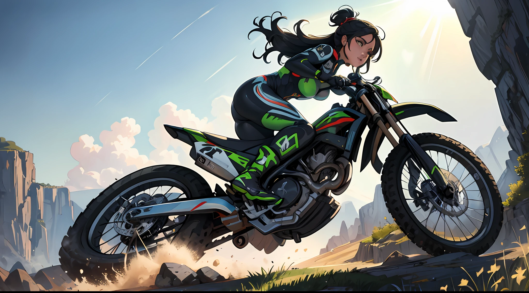 A woman rides a motocross which is in the middle of a jump between 2 cliffs and she is enjoying the fact she is doing a well-done job, she is using a motocross suit, particles of dirty and grass around, daylight, sun rays, atmospheric light, high definition, masterpiece, intricate details, radical, volumetric illumination, dynamic composition, highly detailed, colorful