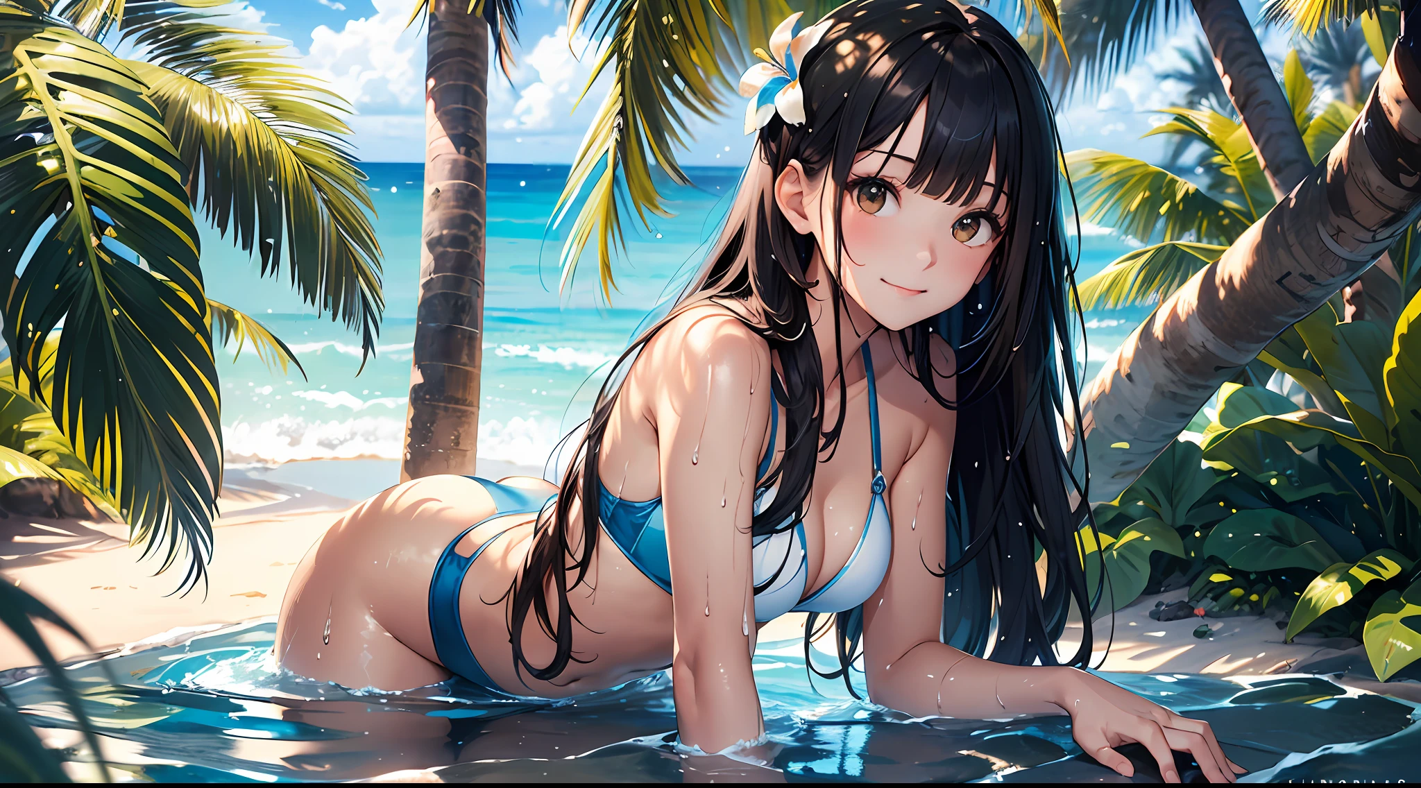 (top-quality、in 8K、32K、​masterpiece、nffsw、ighly detailed、Impresionismo:1.2)、Full body,from behind、(blue open sky、Tropical seas、Palm trees:1.4)、realistic shadow、beauitful face、blurry backround、16-year-old beautiful girl、glossy wet skin, Beautiful hair in wet black、Blunt bangs、 side poneyTail、Brown eyes、beauitful face、blurry backround、Wet Light White Bikini Swimsuit、flipflops、Floral hair ornament、A slight smil、skin tanned、Curve、