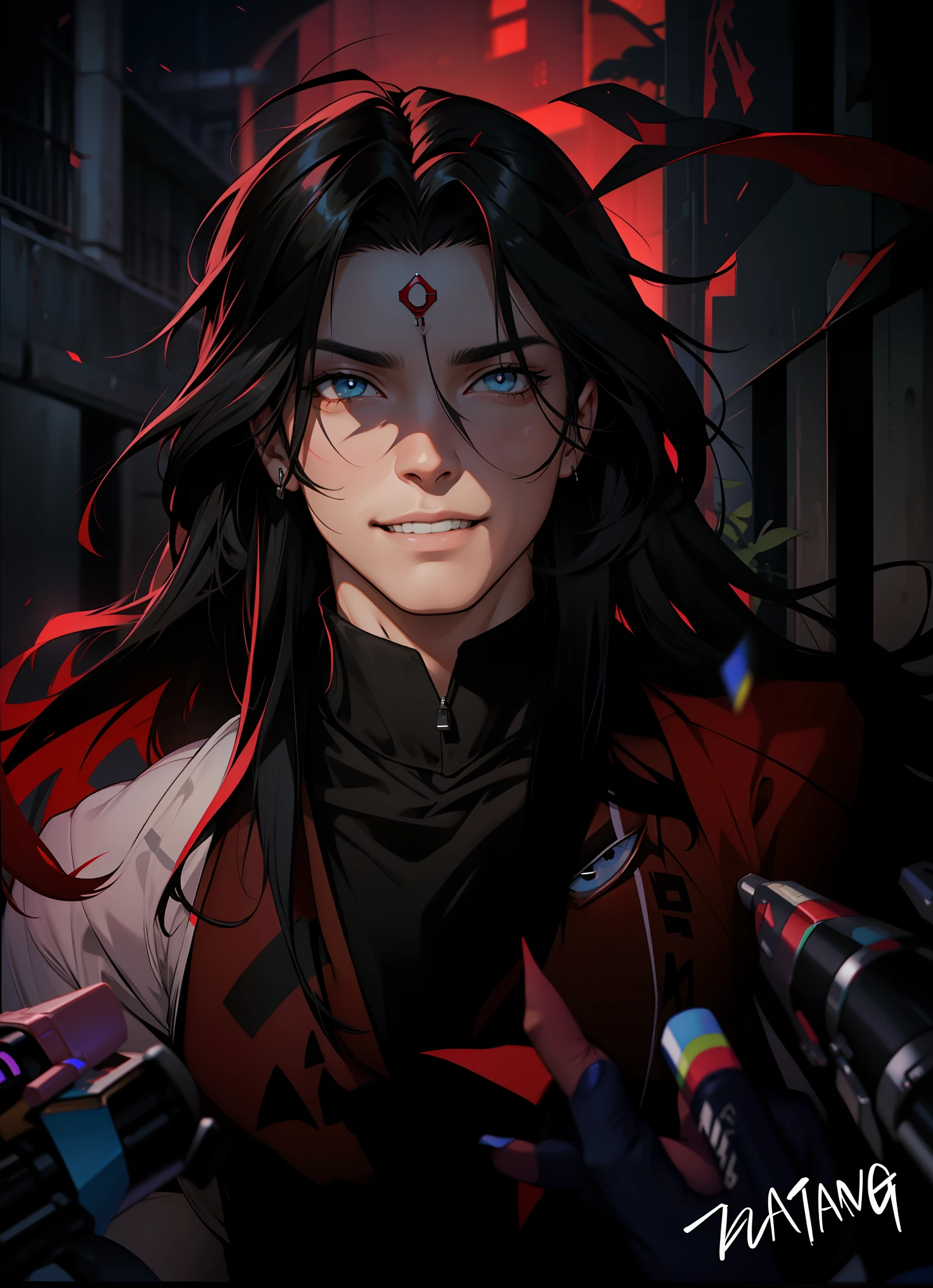 Turn this image into a realistic version. Keep the smile closed and keep the expression of the face. Gender is male, ou seja, um homem. Do not change the color of the eyes, ou seja, the color of the eyes is ruby. Do not change skin color, ou seja, skin color is white. Do not change hair color, ou seja, hair color is black. Do not change the symbol on the forehead.