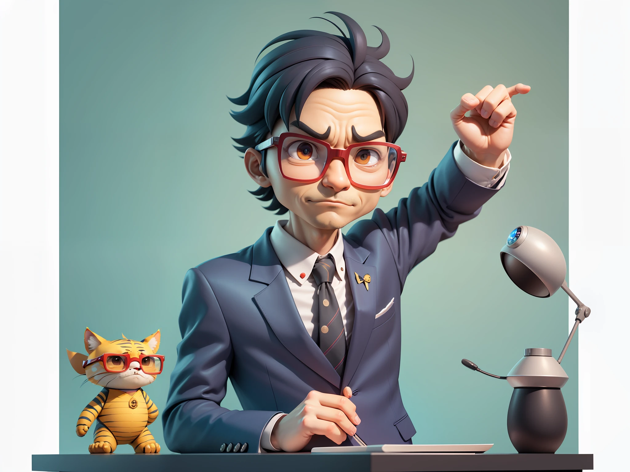 A young man in a suit, Short hair and glasses sat at his desk,holding laptop,digitial painting,tigre,3D character design by Mark Clairen and Pixar and Hayao Miyazaki and Akira Toriyama,4K HD illustration,Very detailed facial features and cartoon-style visuals。