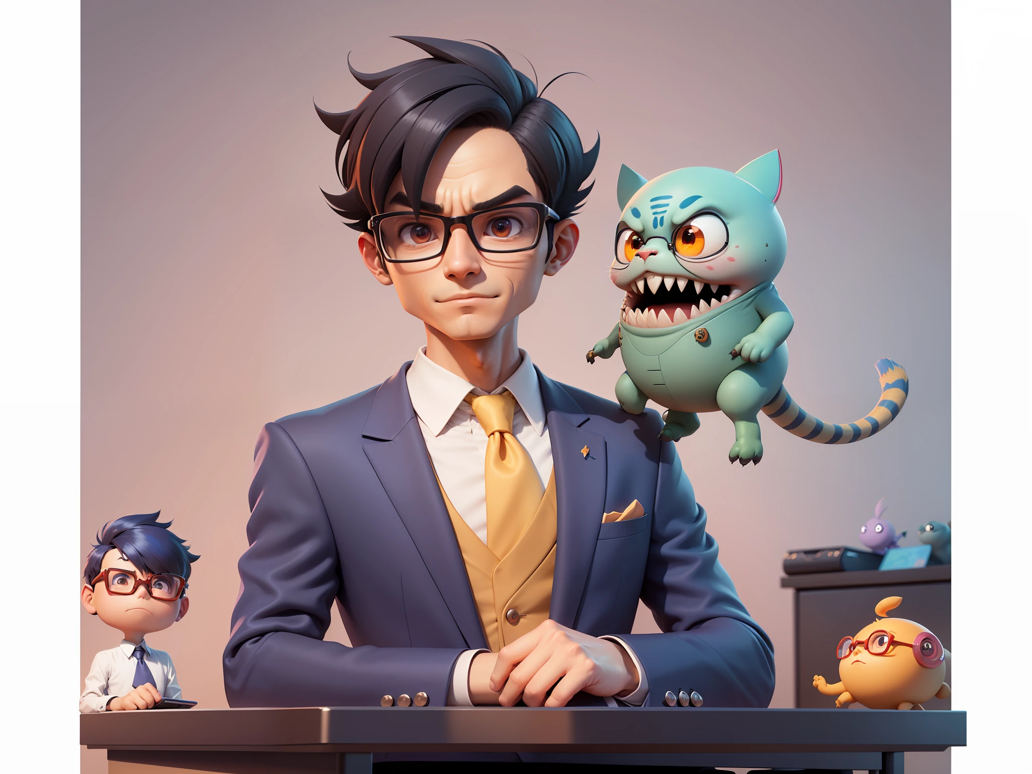A young man in a suit, Short hair and glasses sat at his desk,holding laptop,digitial painting,tigre,3D character design by Mark Clairen and Pixar and Hayao Miyazaki and Akira Toriyama,4K HD illustration,Very detailed facial features and cartoon-style visuals。