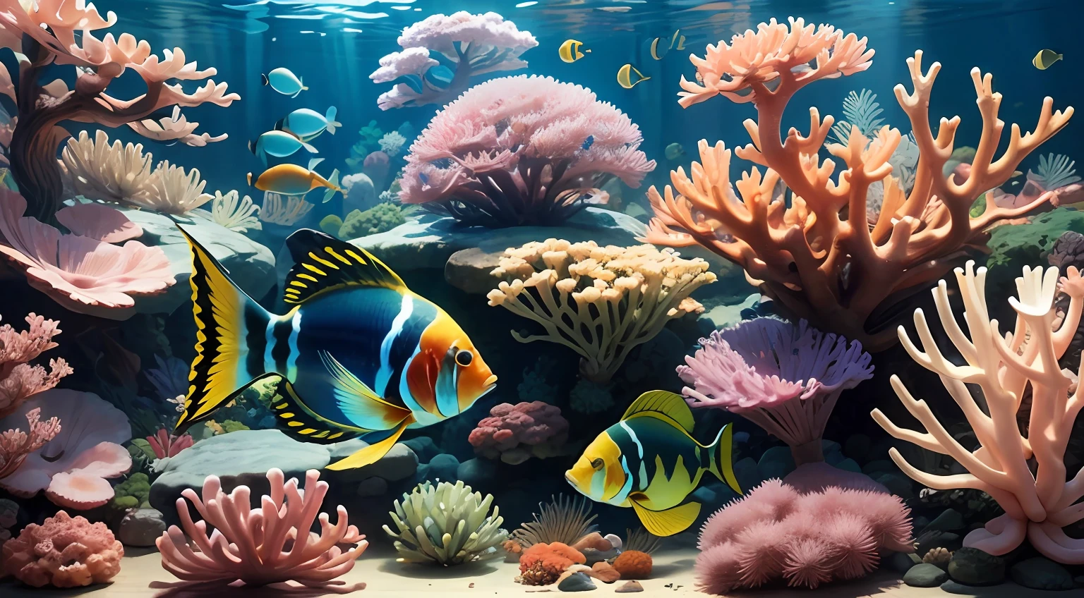 Surround angelfish in a colorful coral reef garden with intricate details、Or the Japan pygmy angelfish