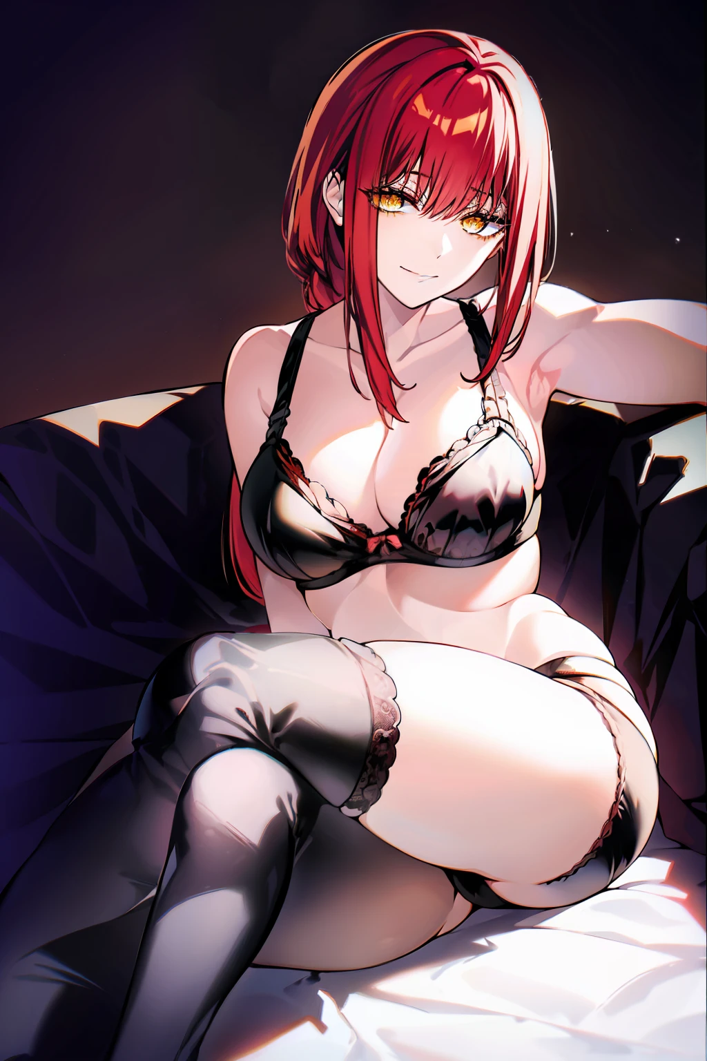 makima\(chainsaw man\), panties, red hair, large breasts, solo, underwear only, looking at viewer, black bra, crossed legs, yellow eyes, 1girl, black panties, bra, lips, underwear, simple background, lingerie, cleavage, black background, sitting