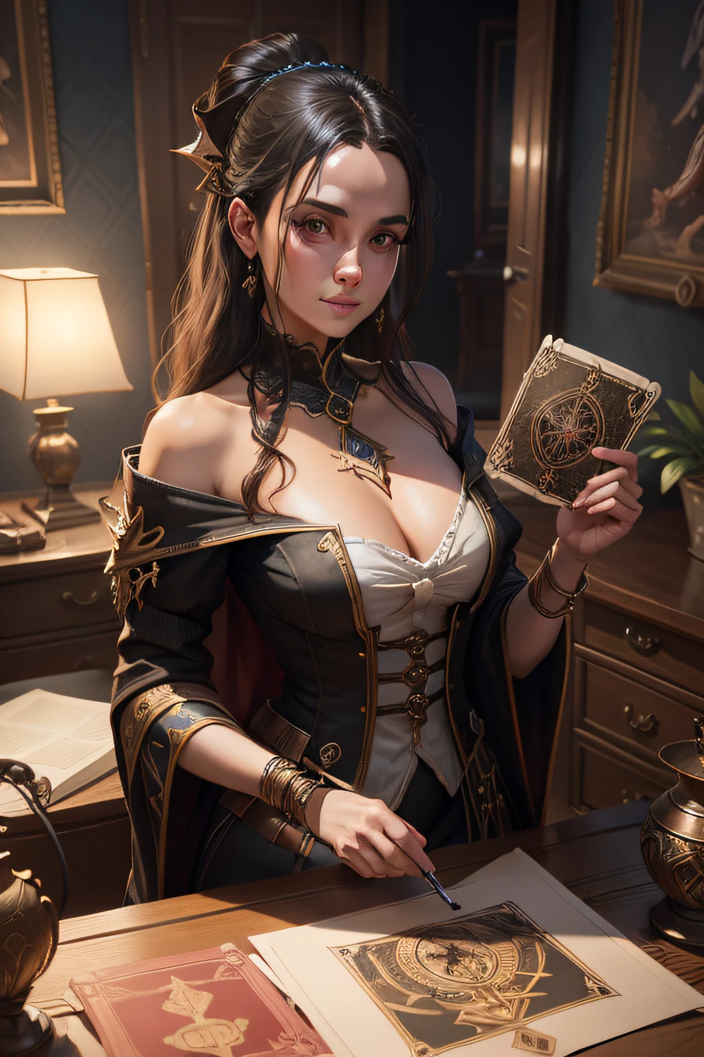 portrait of a lady behind a desk with 3 tarot cards on the desk and a deck in her hands, modern living room background, highly detailed, digital painting, artstation, concept art, smooth, sharp focus, illustration, unreal engine 5, 8k