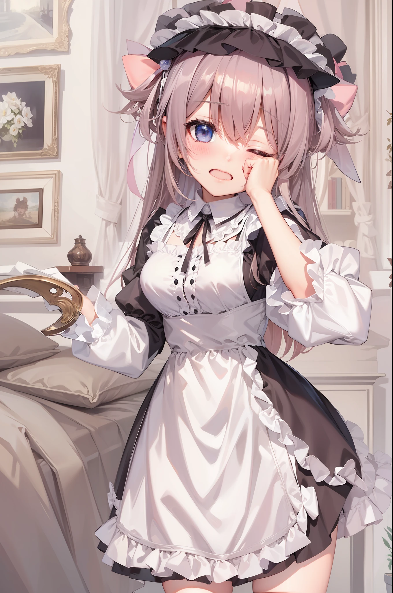 masutepiece, Best Quality, Dress, Puffy sleeves, maid apronl, Maid headdress, Cowboy Shot, Blushing, avoiding eye contact, Bedroom,