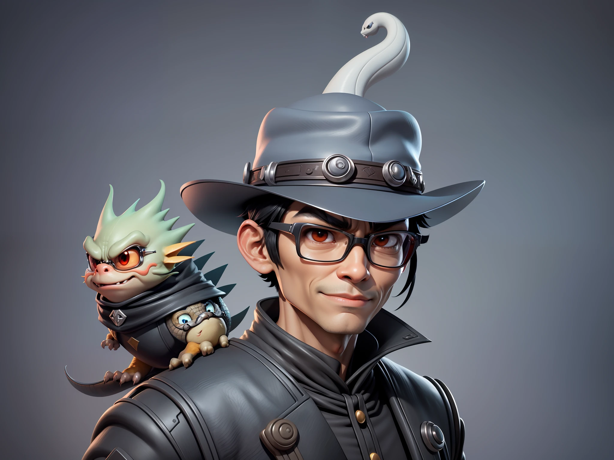 Young man with oriental face in leather hat, dragon, formal suit, short black hair, silver glasses, digital painting, 3D character design by Mark Clairedon and Pixar and Hayao Miyazaki and Akira Toriyama, the illustration is a high-definition illustration in 4K resolution with very detailed facial features and cartoon-style visuals.