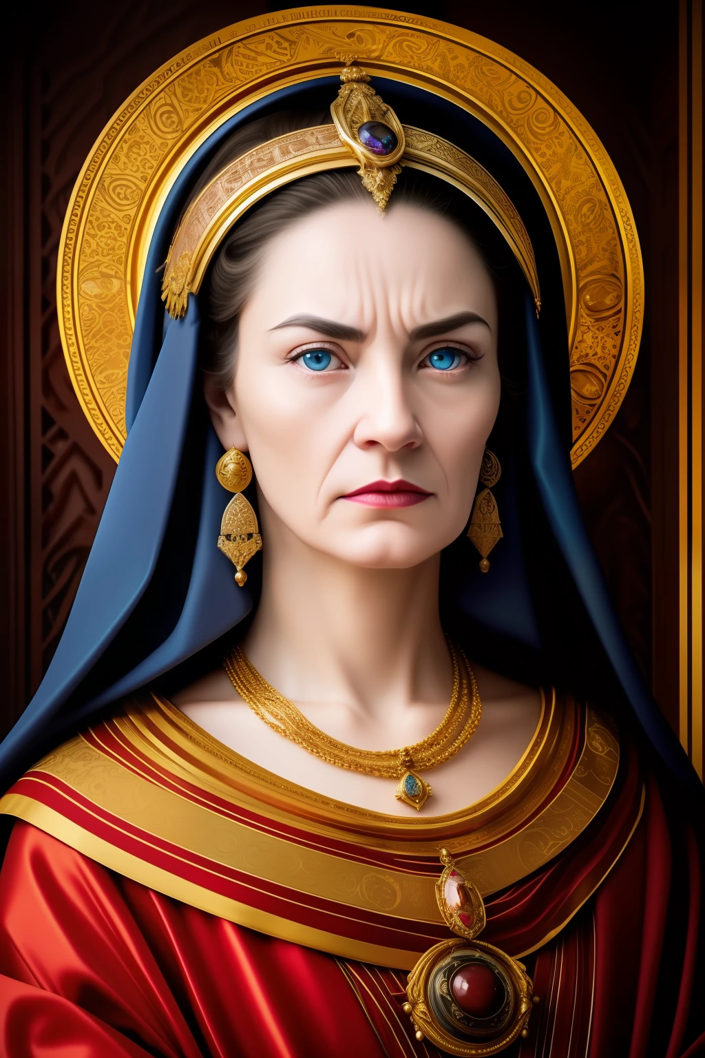 hight resolution, hyper realisitc, 4k, dark sky, Sky with clouds, Black Sun, Symbolism, Alchemy, Gnostics, older woman, little chest, Large female face, Little blue eyes, frowning eyebrows, The Dead Face of the Killer, pale skin, sunken cheeks, compressed large bright red bloody lips, ugly, bony, thin face, grimace of contempt, wrinkles, high forehead, Powerful cheekbones, The rich outfit of a noble woman, The Doge of Venice, candle lights, Mysticism