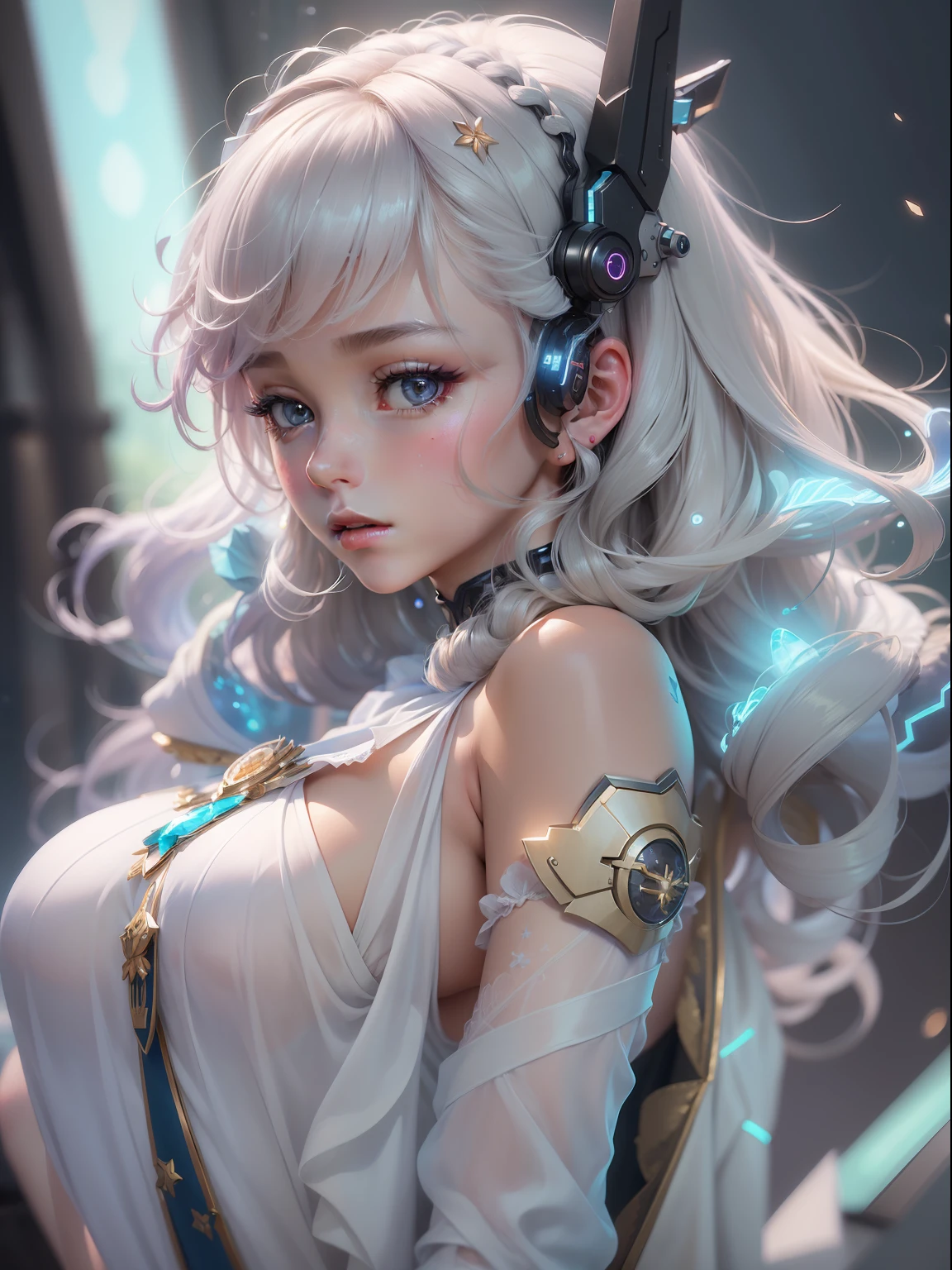 (((​masterpiece)))、(((top-quality)))、((ultra-definition))、(High Definition CG Illustration)、((extremely delicate and beautiful))、Cyber City、Cinematic Light、Angel Fashion、Body glitter、remodel、Girl with shearing hairstyle、Unconventional、2080s、animesque、girl with、trending on artstationh、Rachel Walker