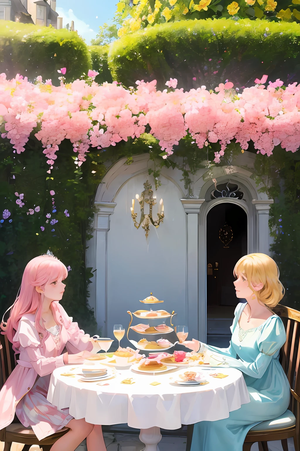 Princes and princesses，elegant and refined，Colored shiny eyes，Pink dress jacket，In a garden full of flowers，Sit at the table for afternoon tea，exteriors，European-style architecture，Warm light，sunny clear sky，Sprinkle with flower petals，tmasterpiece，top Quority，Perfect image quality，A high resolution，Detail enhancement