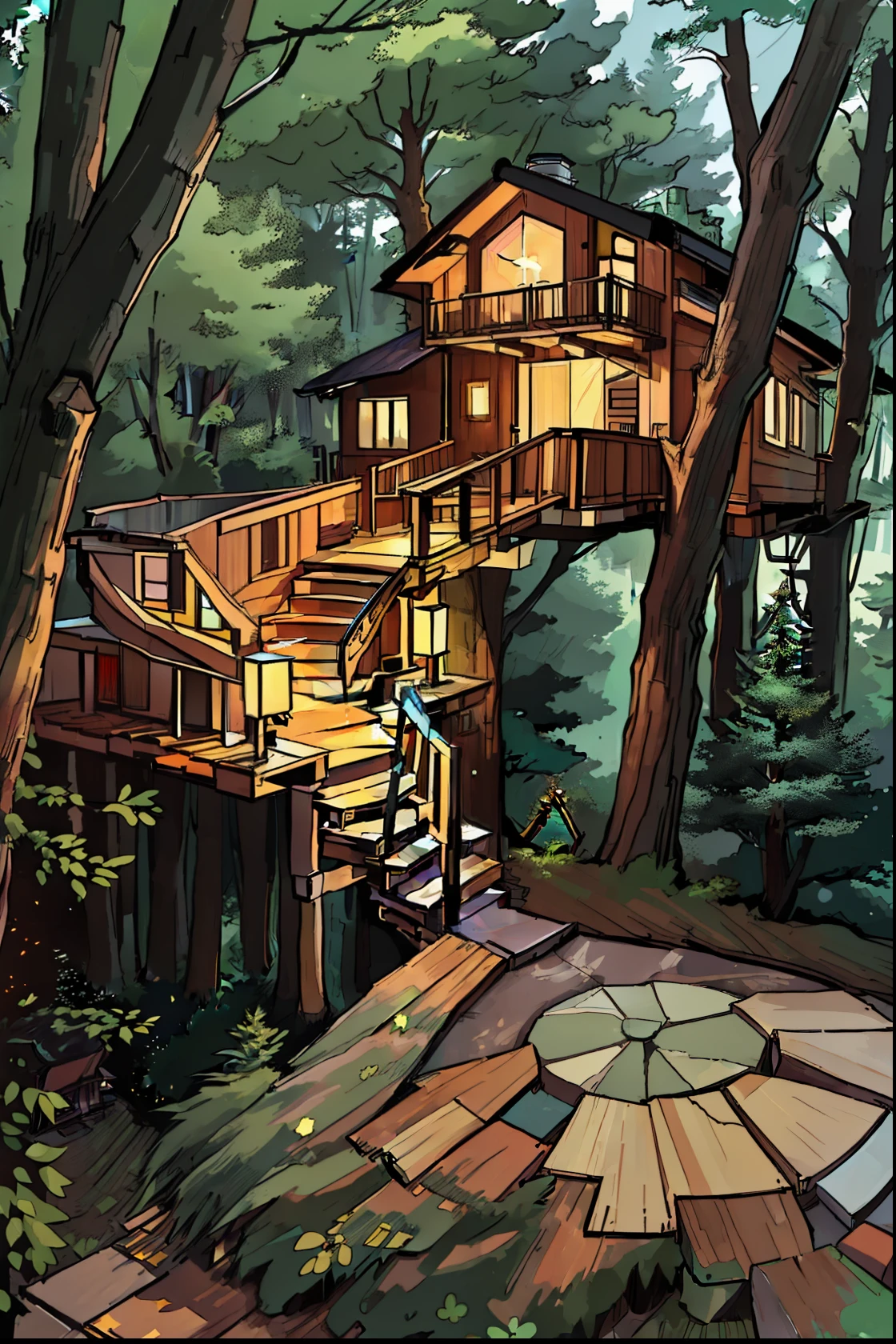 (((3-point perspective))), projected inset, Anime style,Tree house with deck and stairs leading to the deck, Build in the forest near the lake, Beautiful lighting, house in forest,Tree House, Beachwood Treehouse, Quiet wooden apartment, House on a pine tree, nestled in a forest,Modern house made of wood, fantasy setting, Luxury wooden cottage.