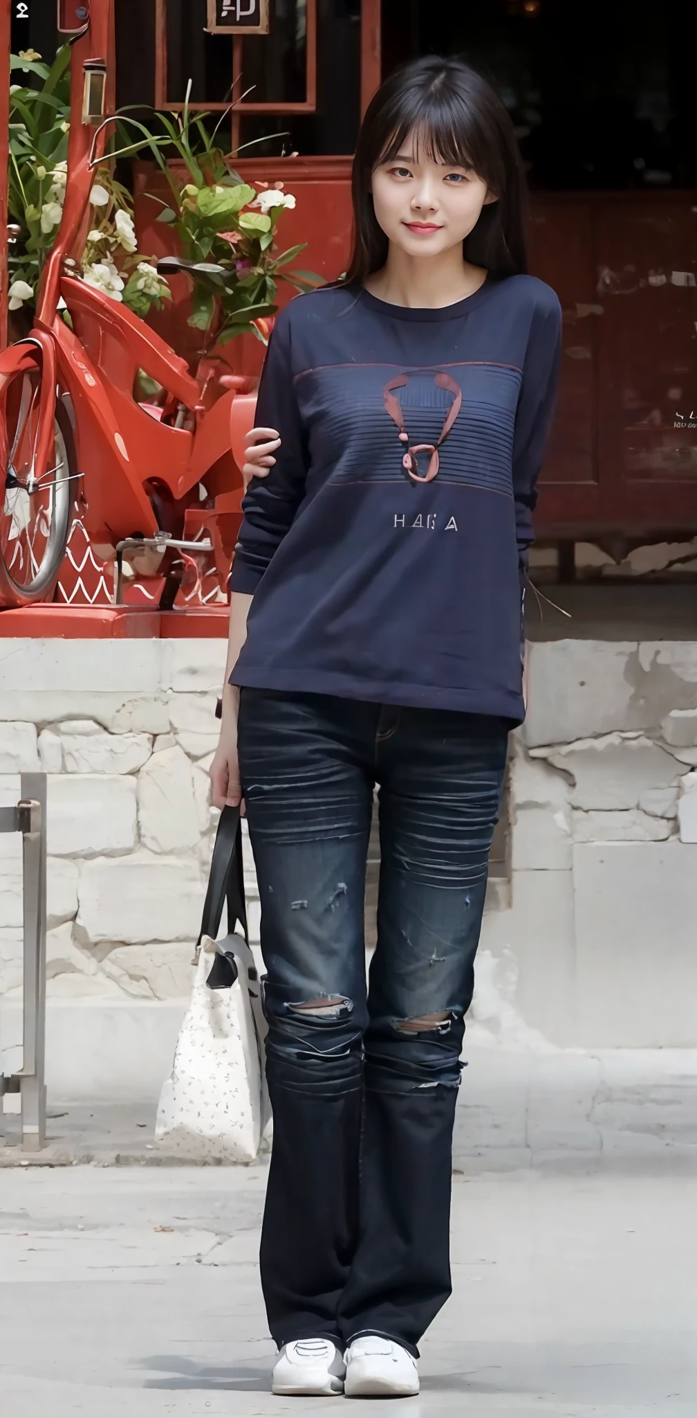Zhu Ai_Villas,RAW photos,Brand photos,(highdetailskin:1.2),8k ultra high definition,digital SLR camera,gentlesoftlighting,high high quality,filmgrain,富士XT3,20 years old Asian woman,Wear simple clothes,T-shirt and skinny jeans,Detailed clothing details:1.3,perfect body figure,Super detailed facial details and skin,Fair and tender face and skin,二重まぶた,Super detailed eyes,fully body photo