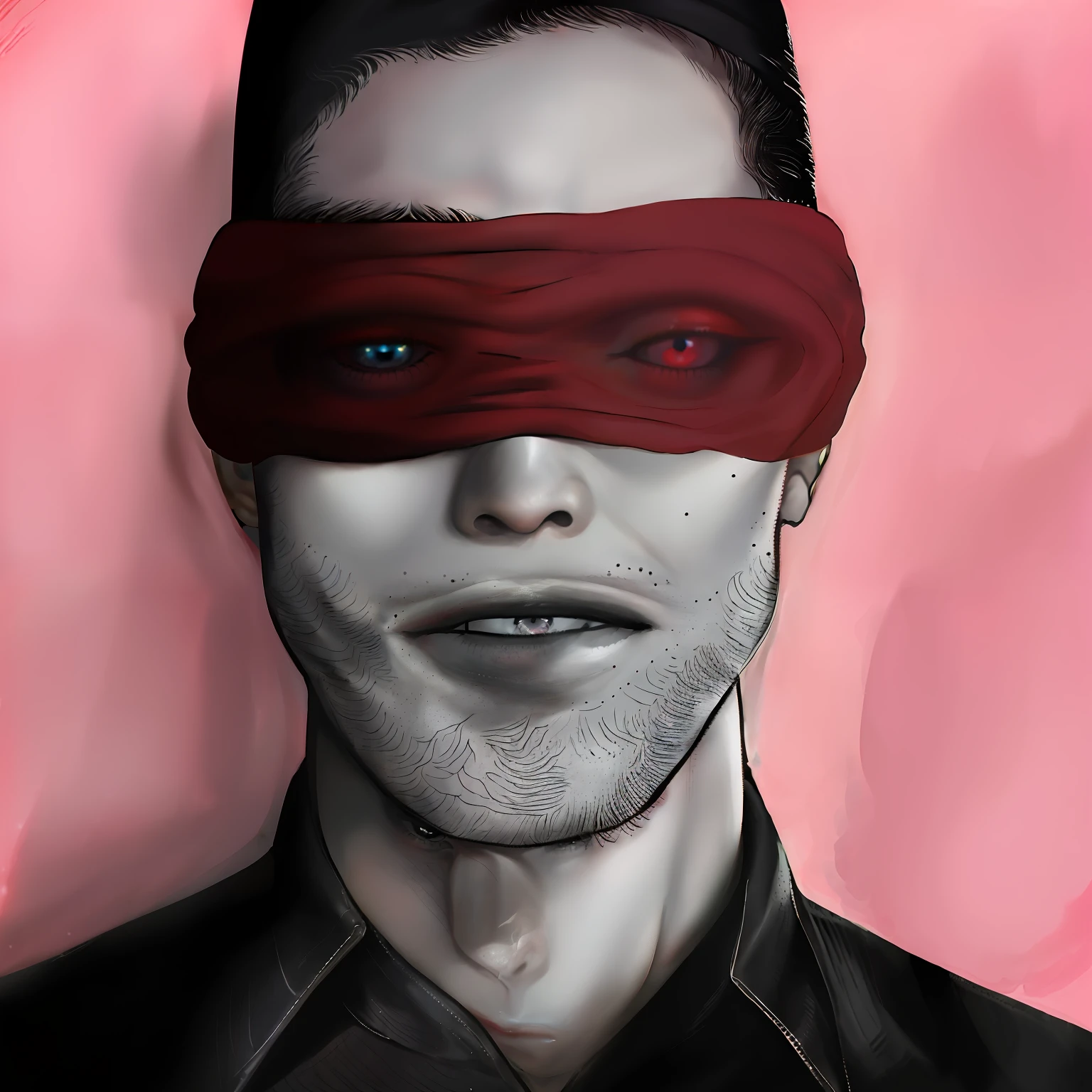 Homem com venda vermelha cobrindo os olhos, vendar, vendado, sem olhos, mariposa franca, cego, olhos cegos, rosto obscurecido, venda preta, rosto humano com vermelho brilhante sim, face parcialmente obscurecida, seus olhos brilhando vermelhos, Poster for blind short film, Close Up foto retrato, Retrato do Demolidor, Faixa de tinta vermelha nos olhos