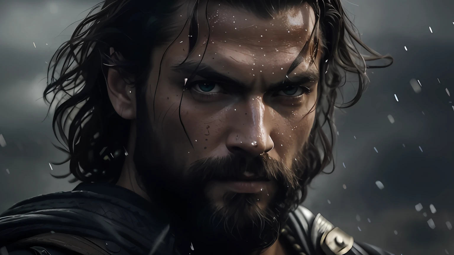 A man with long hair and a beard in a wetsuit looks into the camera, jason momoa as assyrian, karl urban as a dragonslayer, Henry Cavill como um guerreiro, face of an armored villian, Jason Momoa como Conan, barba grisalha, Karl Urban como Wolverine, na captura de tela do filme 300, Tartakovsky