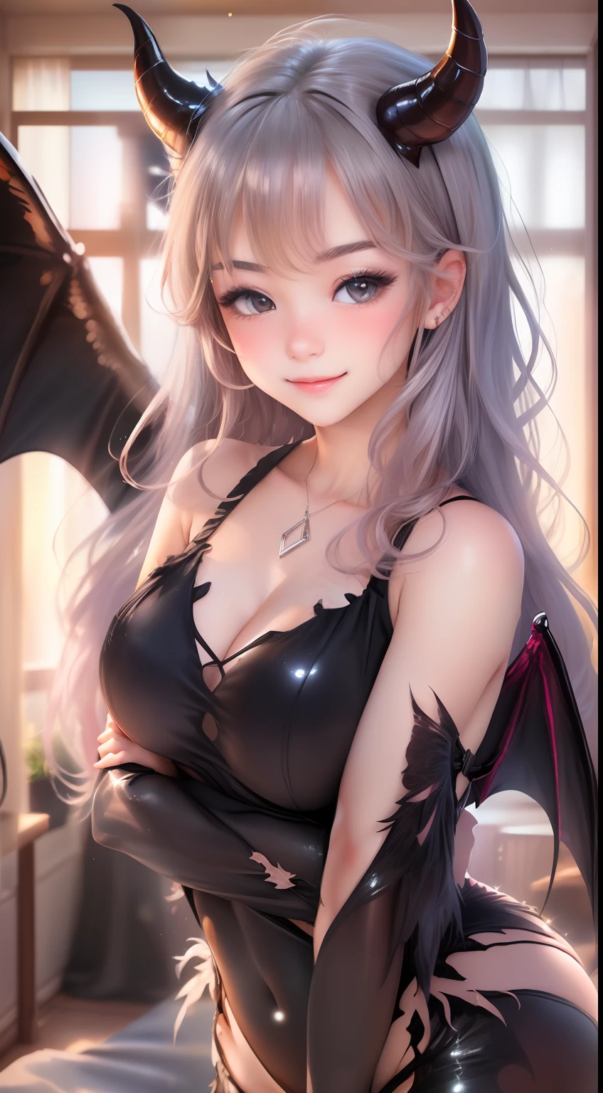 ((top-quality, 8K, ​masterpiece:1.4)), (Photorealsitic, Raw photography, Top image quality:1.5), beautiful  lighting, Movies in which girls shine, realistic shadow, huge filesize, Vibrant colors, Brilliant image quality, colourfull, Fantasia [hight resolution], (17-year-old beautiful girl:1.6), (Lori:1.2), (Junior Idol), Well-formed fingers, ((Cute pose with arms crossed behind back:1.5)), ((Glittering Perfect Beautiful Girl:1.3)), a handsome, a cool, (innocent smiles:1.2), ((Super Cute Super Beautiful Girl)), (Crisp and gentle eyes), dual, (with blush cheeks:1.4), ((morning、Beautiful girl with demon wings and tail in transparent sexy black devil costume:1.3)), Cute hair, (Show me your big ass:1.2), Perfect and beautiful body, Lovely room, Innocent Girl, Japan beautiful girl, Shines