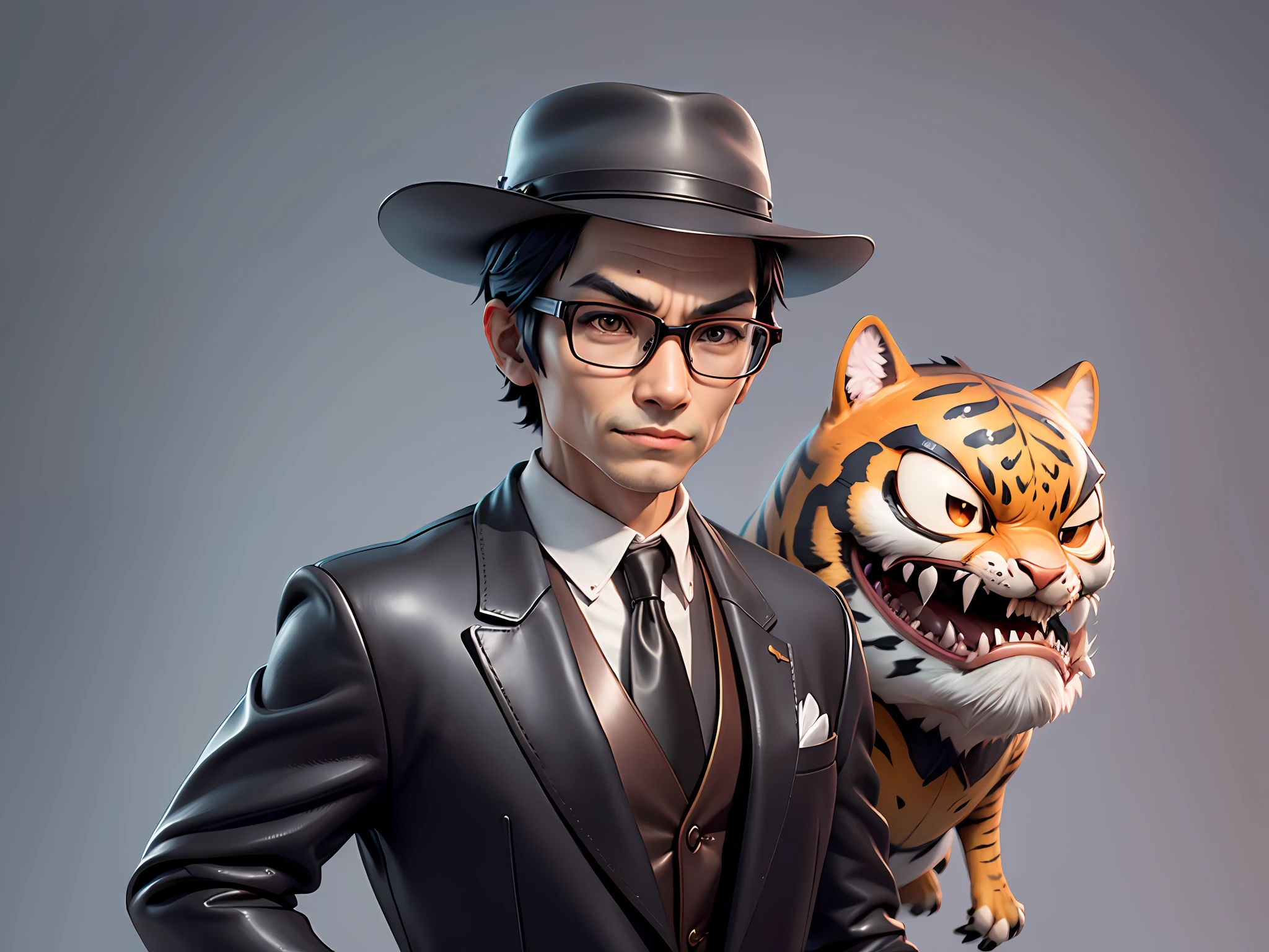 Young man with oriental face in leather hat, tiger, oriental face in formal suit, short black hair, silver glasses, digital painting, 3D character design by Mark Clairedon and Pixar and Hayao Miyazaki and Akira Toriyama, the illustration is a high-definition illustration in 4K resolution with very detailed facial features and cartoon-style visuals.
