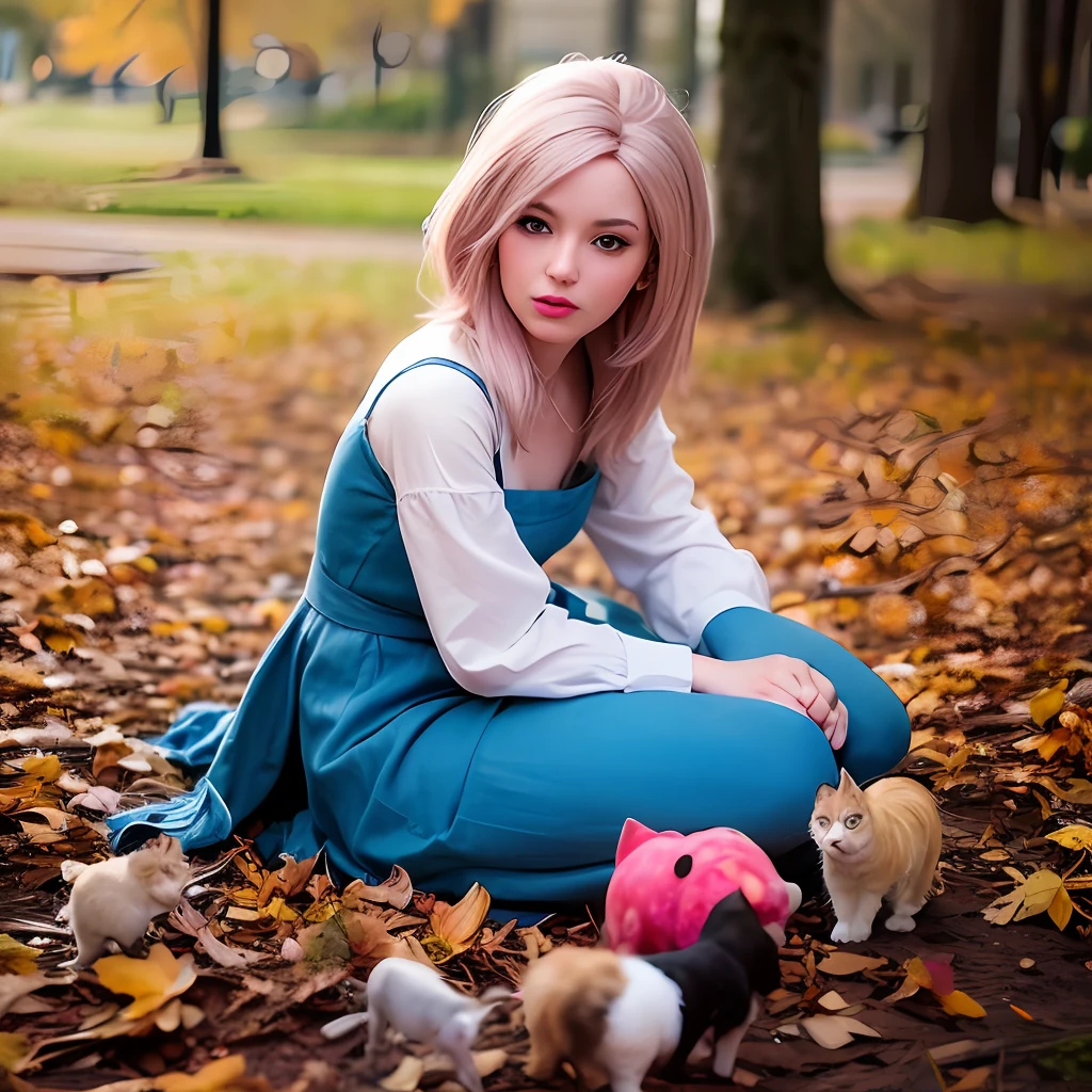 (Foto RAW, best quality), (Realistic, photo-realistic:1.4) barbie com cabelo roxo, vestido preto, in the autumn season with many cats.