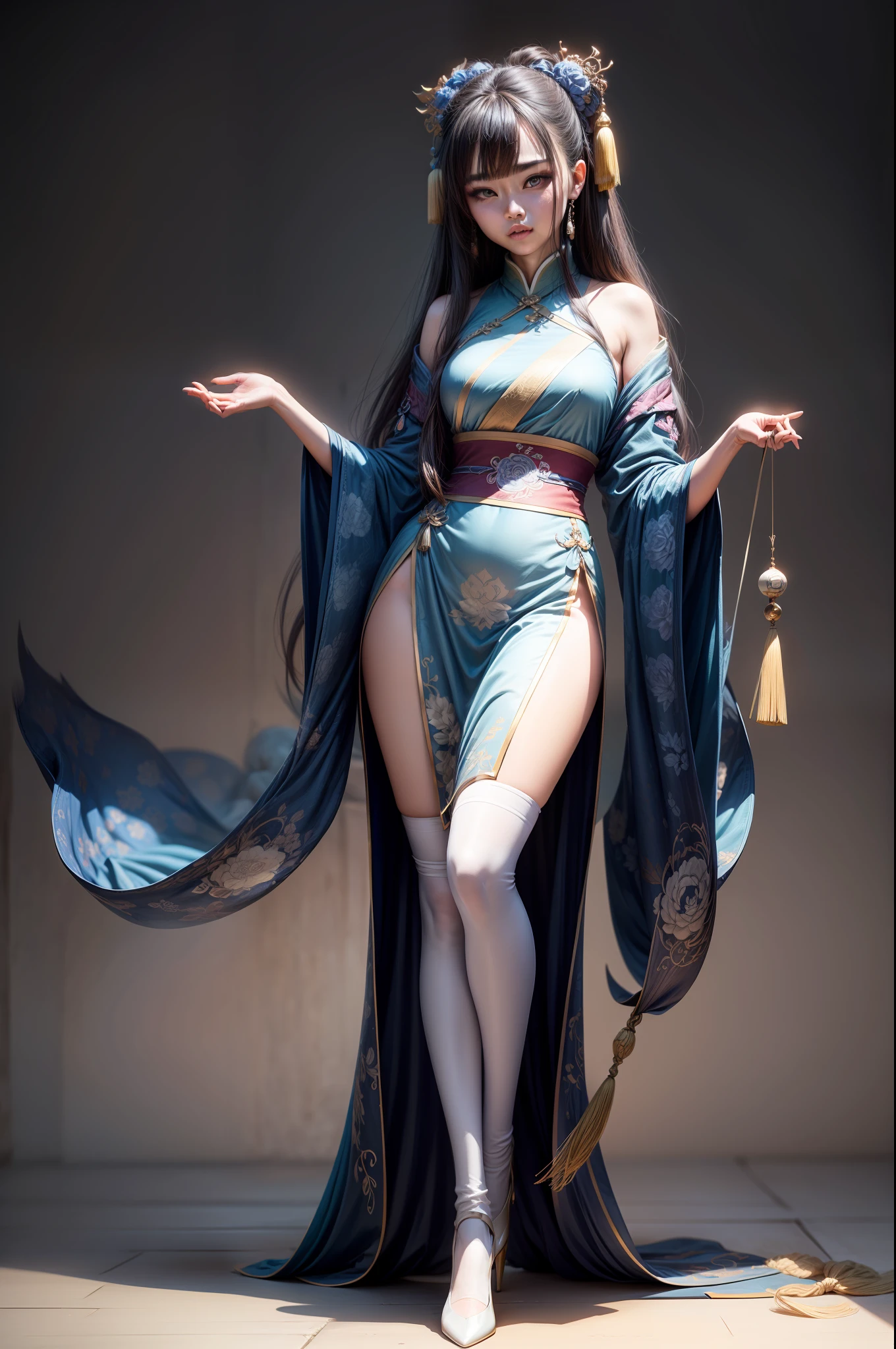 Splitting characters is prohibited,(Full body shot:1.3), Must show your face, anatomy correct, high-heels,Over-the-knee socks are mandatory, Colorful Qing Dynasty Hanfu, A shallow laugh, Complex and diverse backgrounds,Strangling effect, Heavy makeup,hyper HD, Ray traching, structurally correct, Award-Awarded, high detal, lightand shade contrast, Face lighting,cinmatic lighting, tmasterpiece, super detailing, high high quality, high detal, best qualityer, 16k