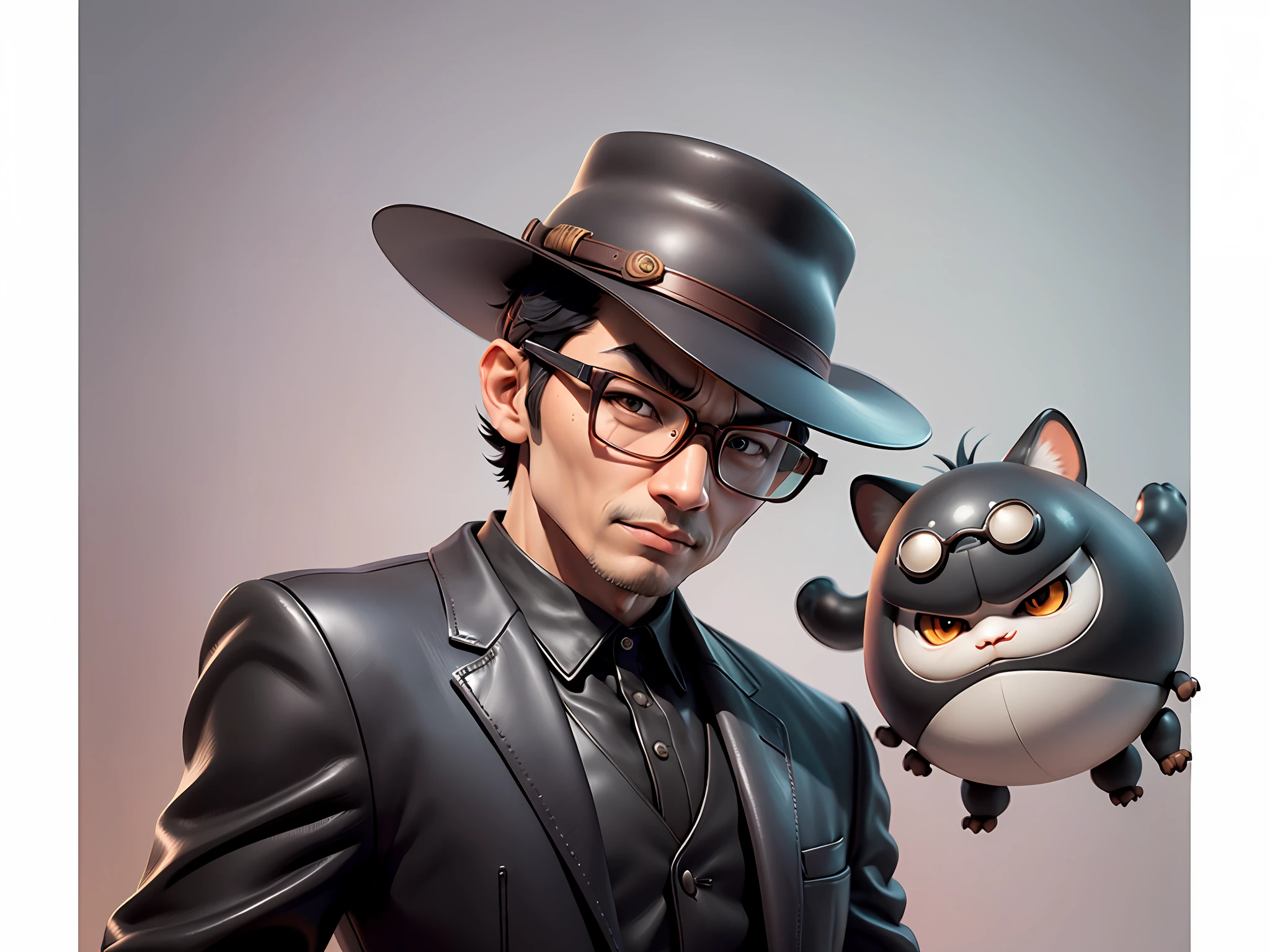Young man with oriental face in leather hat, tiger, oriental face in formal suit, short black hair, silver glasses, digital painting, 3D character design by Mark Clairedon and Pixar and Hayao Miyazaki and Akira Toriyama, the illustration is a high-definition illustration in 4K resolution with very detailed facial features and cartoon-style visuals.