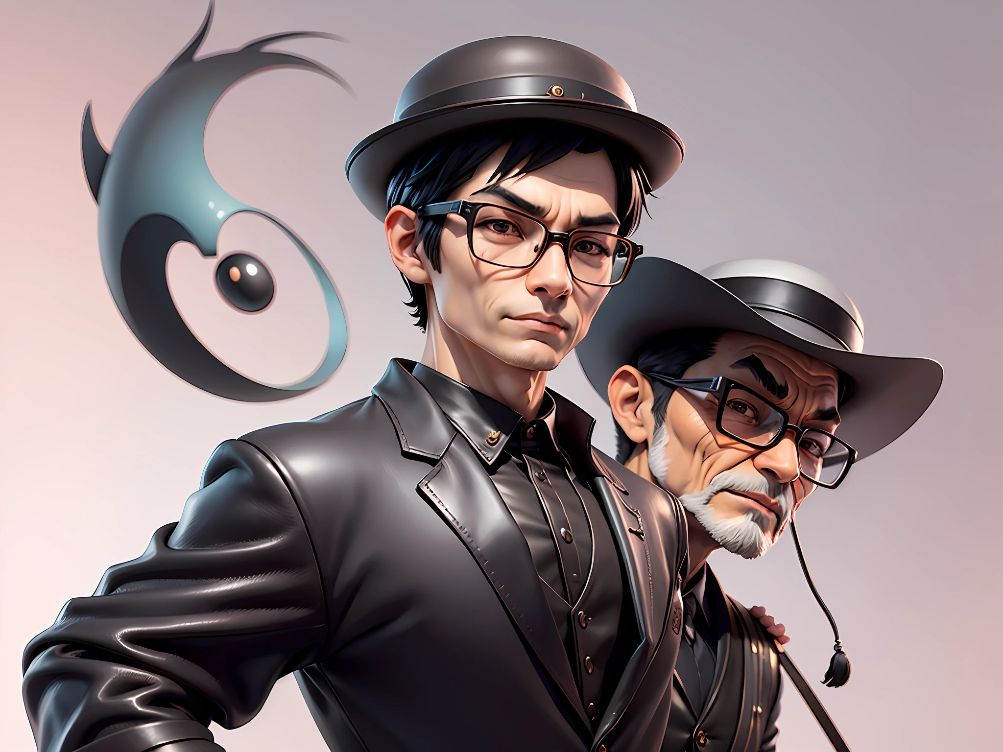 Young man with oriental face in leather hat, tiger, oriental face in formal suit, short black hair, silver glasses, digital painting, 3D character design by Mark Clairedon and Pixar and Hayao Miyazaki and Akira Toriyama, the illustration is a high-definition illustration in 4K resolution with very detailed facial features and cartoon-style visuals.