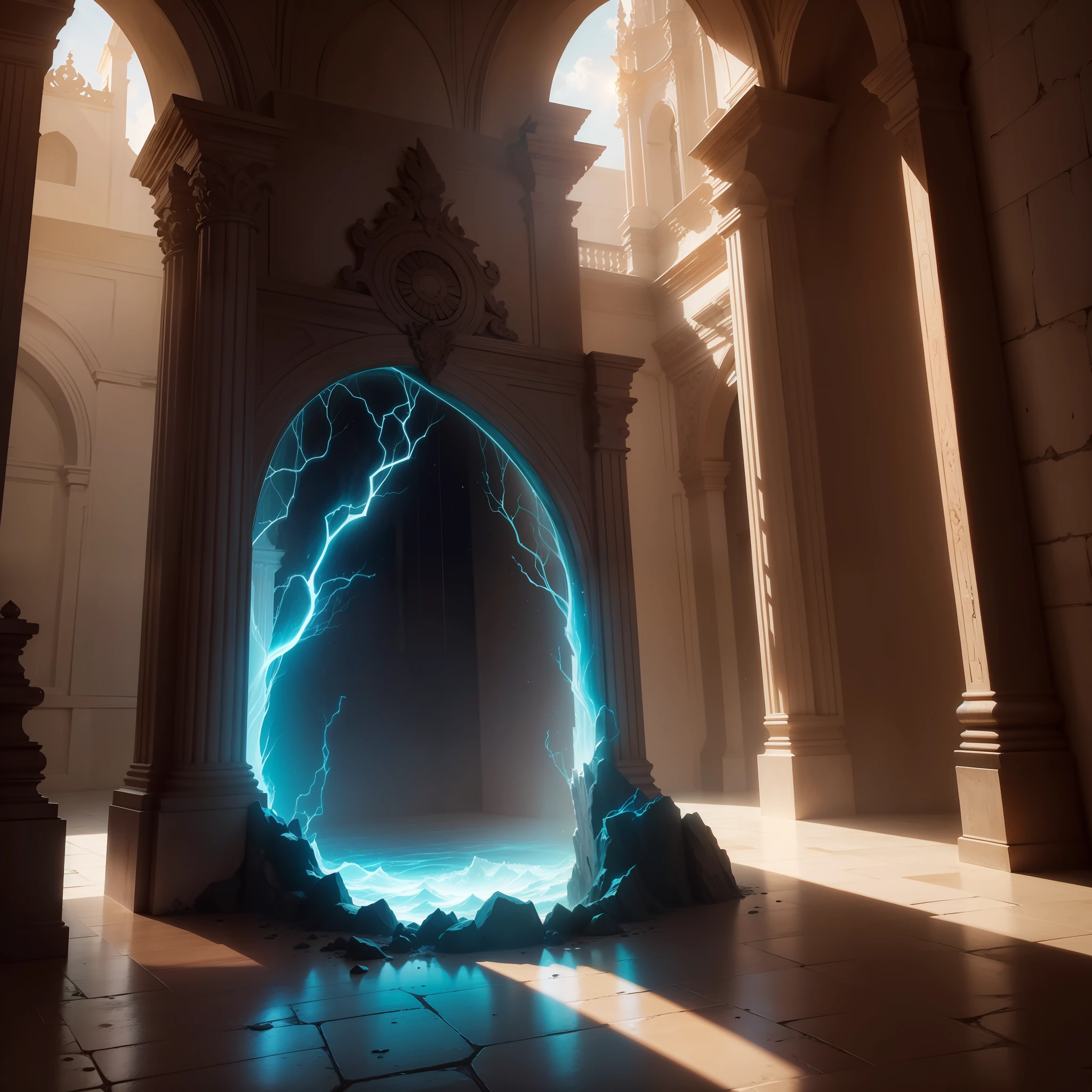 Vale encantado, 8k, hiper realista, Uplighting, detalhes, Magic portal in the left corner, dia , dramatic , lu do sol, riacho, luzes