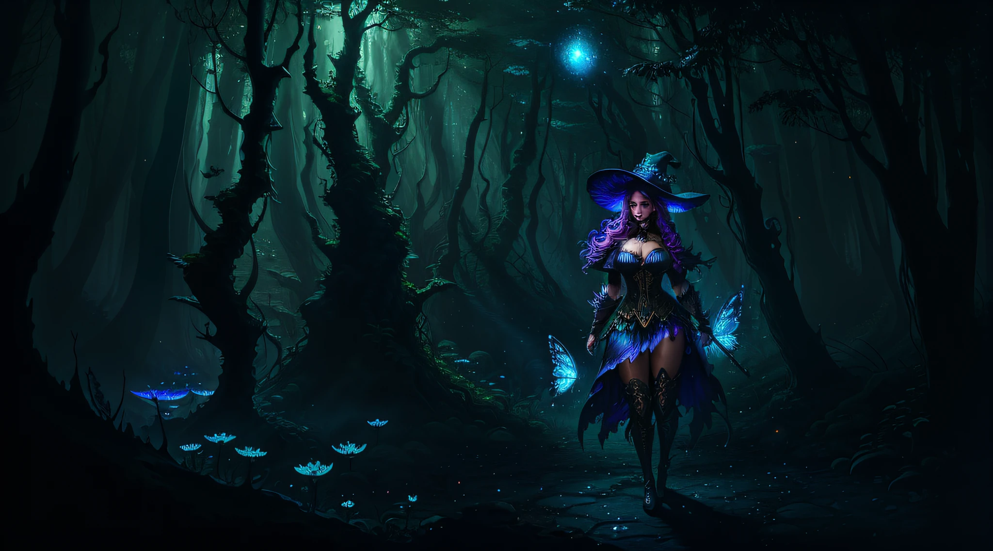 sexy full shot body photo of the most beautiful artwork in the world, illustration, cinematic light, fantasy, highres, highest quallity, ultra detailed, best quality, masterpiece, (detailed face), sexy mature woman wears a shirt and (torn) fullbody (transparent galaxy) cloths coat, floating cloth, choker, glowing (elder underworld fantasy) forest plants with neon details, open shoulders, tiny glowing butterfly, hair jewery, wearing a torn witch hat, (focus on body:1.25), night, small mutated animals in background, torn mini skirt ,a potion on hip, shoulder pads emitting magic energy, cameltoe, dark, light reflection