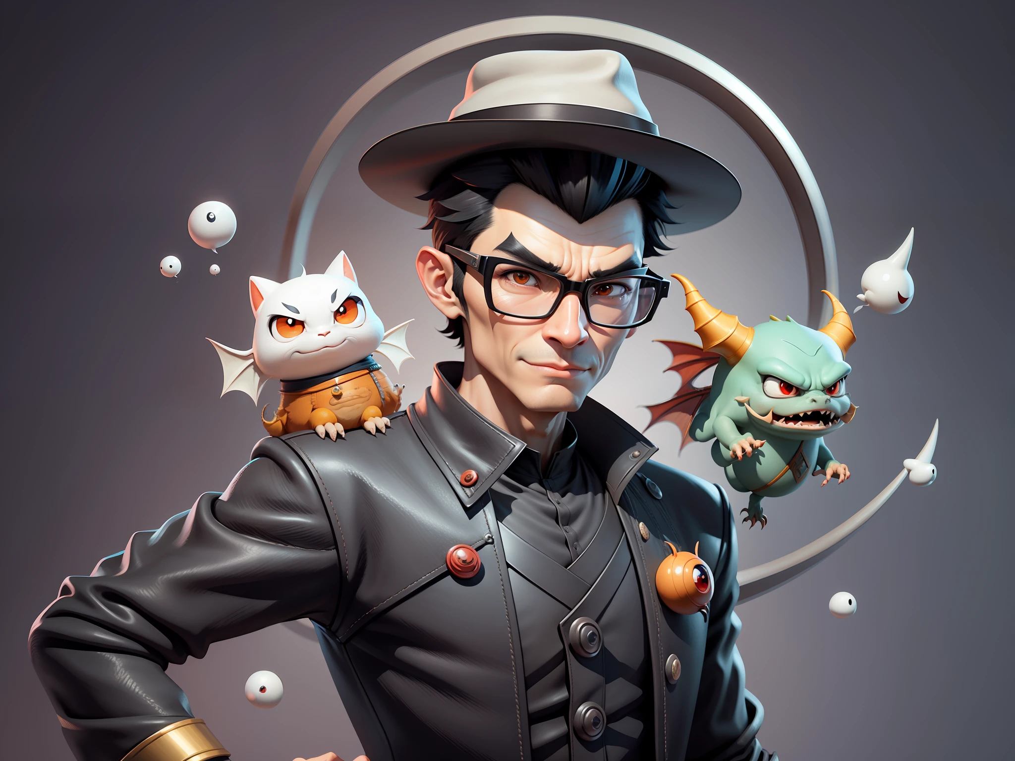 Young man with oriental face in leather hat, dragon, formal suit, short black hair, silver glasses, digital painting, 3D character design by Mark Clairedon and Pixar and Hayao Miyazaki and Akira Toriyama, the illustration is a high-definition illustration in 4K resolution with very detailed facial features and cartoon-style visuals.