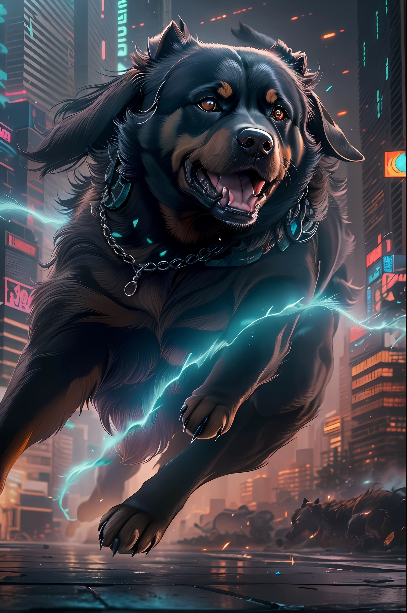 (Animal Warrior style:1.2), (Big muscular Black and brown Dog Rottweiler), (in a attack possition:1.2) Magical, Cyberpunk background UHD, 8K, intricate details.1.2