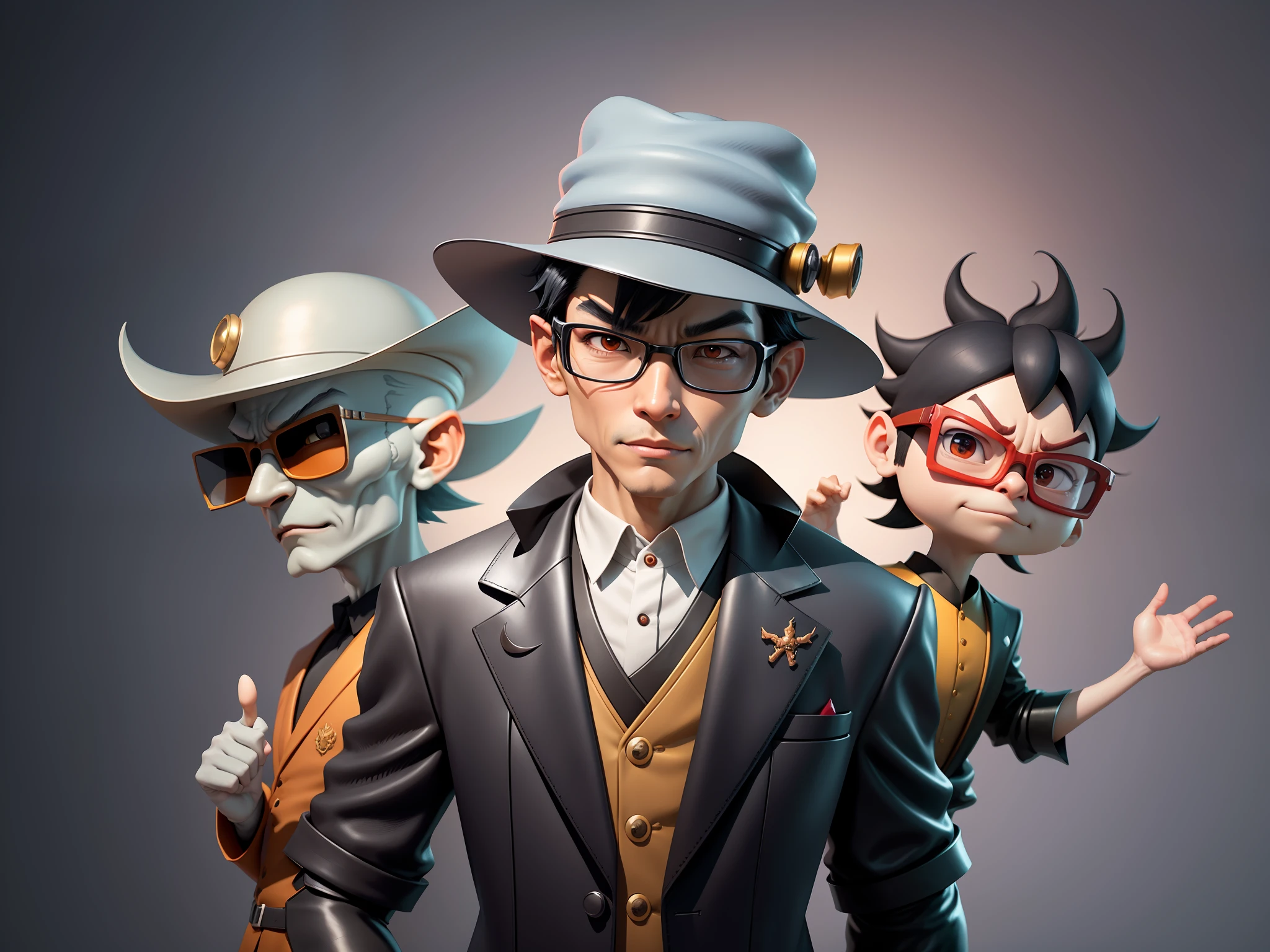 Young man with oriental face in leather hat, dragon, formal suit, short black hair, silver glasses, digital painting, 3D character design by Mark Clairedon and Pixar and Hayao Miyazaki and Akira Toriyama, the illustration is a high-definition illustration in 4K resolution with very detailed facial features and cartoon-style visuals.