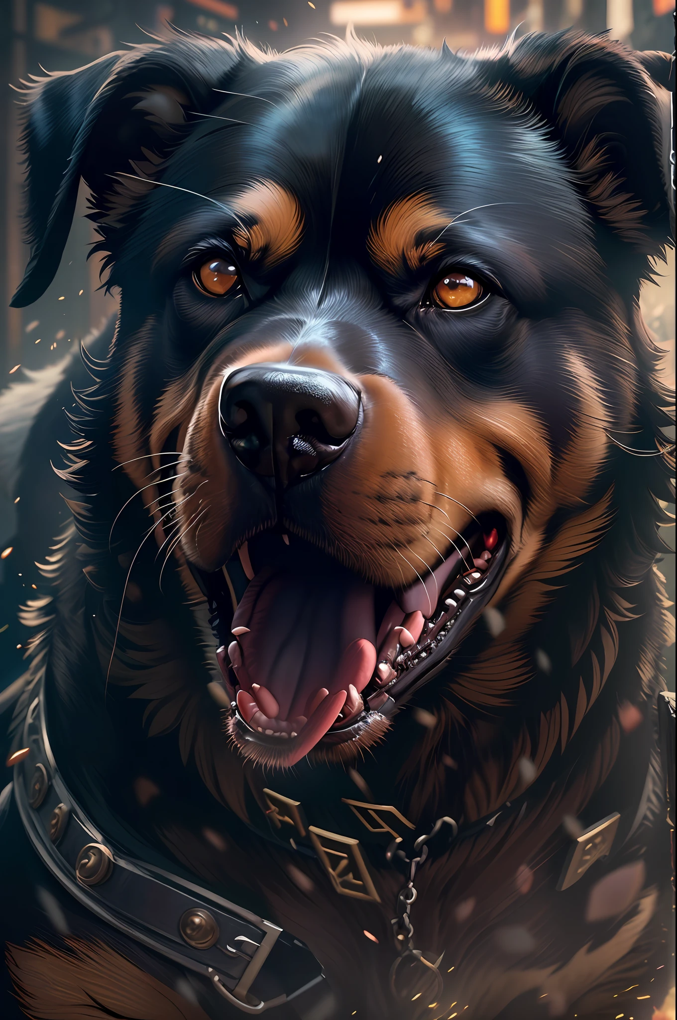 (Animal Warrior style:1.2), (Big muscular Black and brown Dog Rottweiler), (in a attack possition:1.2) Magical, Cyberpunk background UHD, 8K, intricate details.1.2