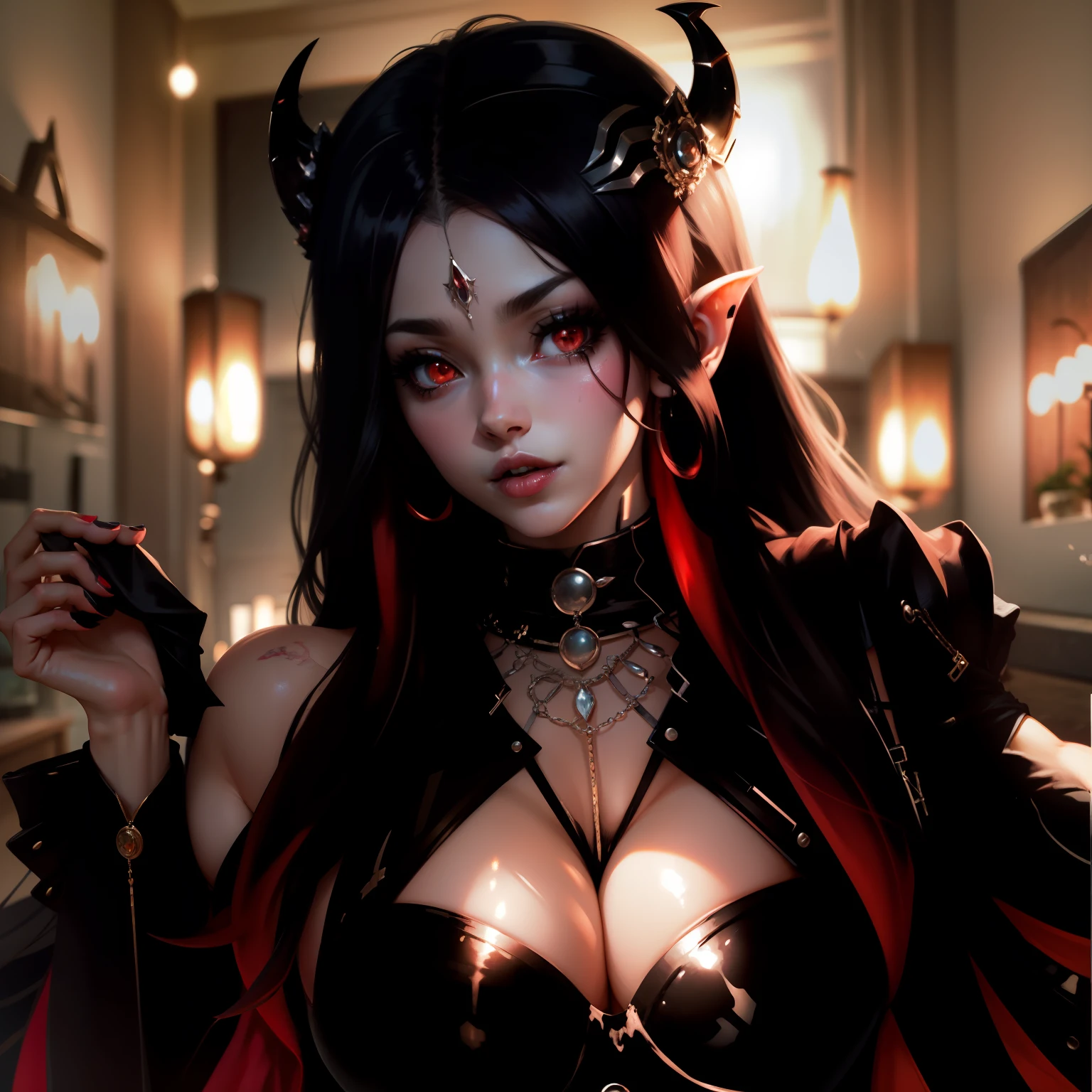 Anime, goth,succubus, big booby, mommy milkies, black hair, red eyes, pretty face, curvy body,