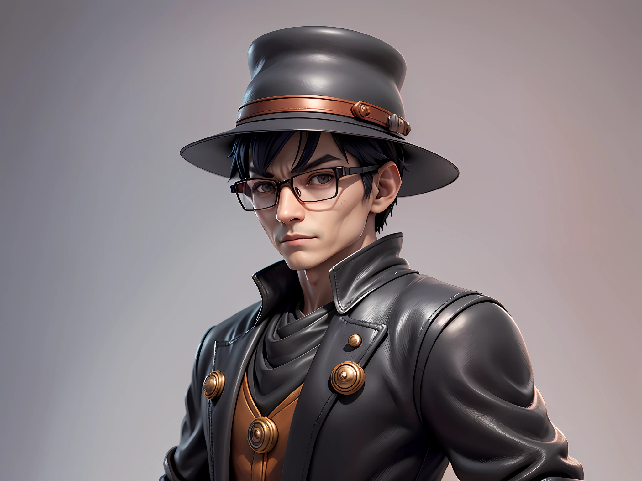 Young man with oriental face in leather hat, dragon, formal suit, short black hair, silver glasses, digital painting, 3D character design by Mark Clairedon and Pixar and Hayao Miyazaki and Akira Toriyama, the illustration is a high-definition illustration in 4K resolution with very detailed facial features and cartoon-style visuals.