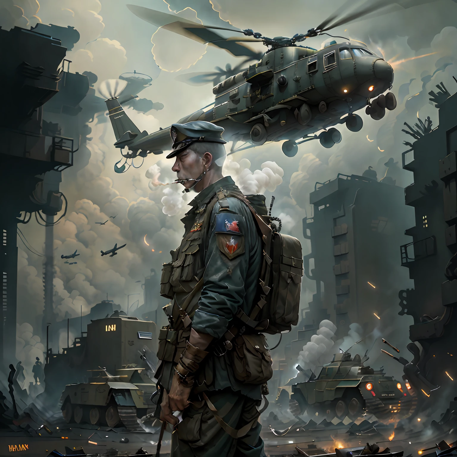 "TheOldShadowrunStyles, A soldier smoking a cigarette in the Vietnam decade, with a gloomy urban atmosphere and a military helicopter passing in the background."