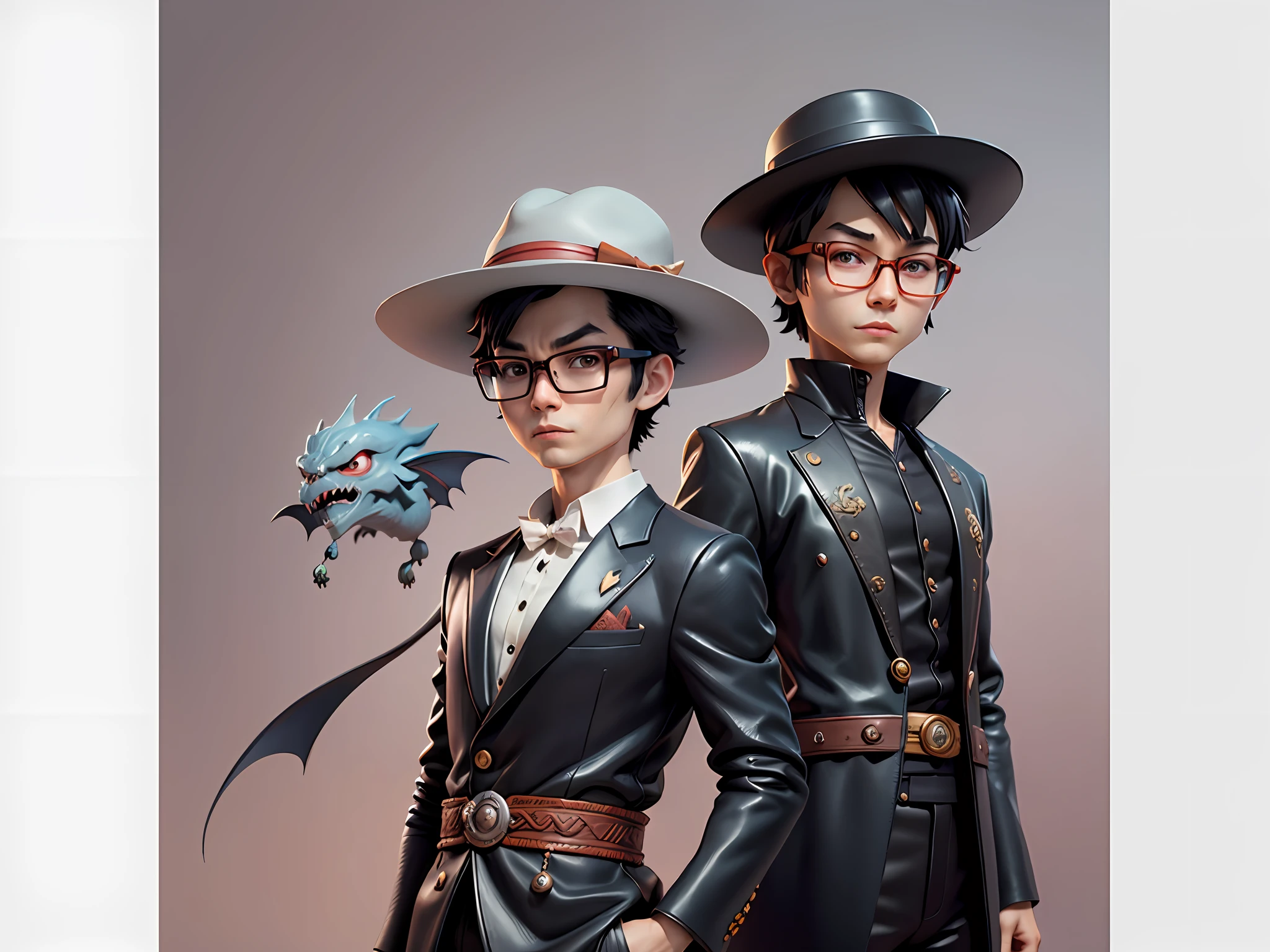 Young man with oriental face in leather hat, dragon, formal suit, short black hair, silver glasses, digital painting, 3D character design by Mark Clairedon and Pixar and Hayao Miyazaki and Akira Toriyama, the illustration is a high-definition illustration in 4K resolution with very detailed facial features and cartoon-style visuals.