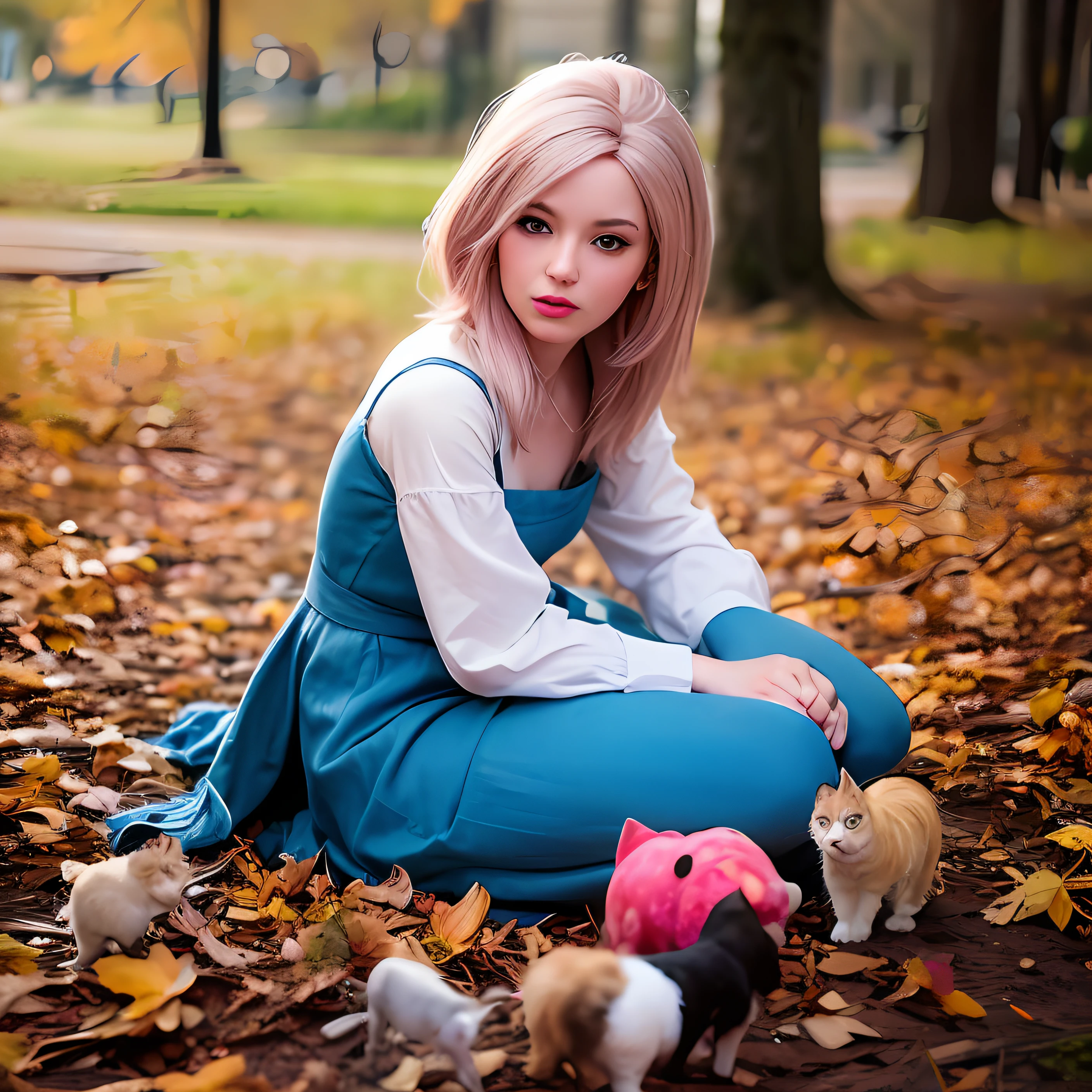 (Foto RAW, best quality), (Realistic, photo-realistic:1.4) barbie com cabelo roxo, vestido preto, in the autumn season with many cats.