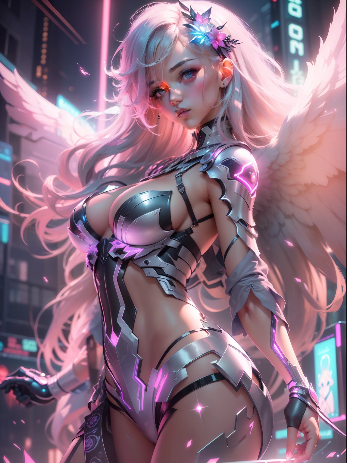 (((masterpiece)))、(((top-quality)))、((ultra-definition))、(High Definition CG Illustration)、((extremely delicate and beautiful))、Cyber City、Beautiful neon、Cinematic Light、Angel Fashion、Body glitter、remodel、Girl with a shearing hairstyle、Unconventional、2080s、animesque、girl with、trending on artstationh、Rachel Walker