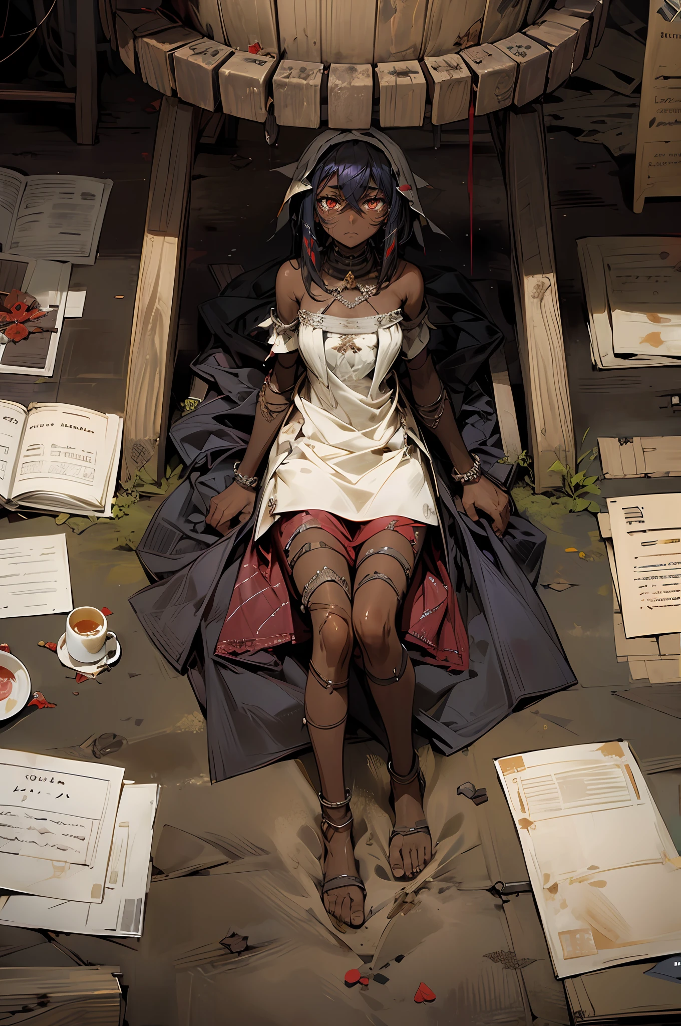 ((Dark-skinned girl)), (Tea plot and cropped rag dress), (Enslaved), Chained, Sad, hurt, (abused), (Slave market), Crying, Full body view, the scars, (Bleeding)