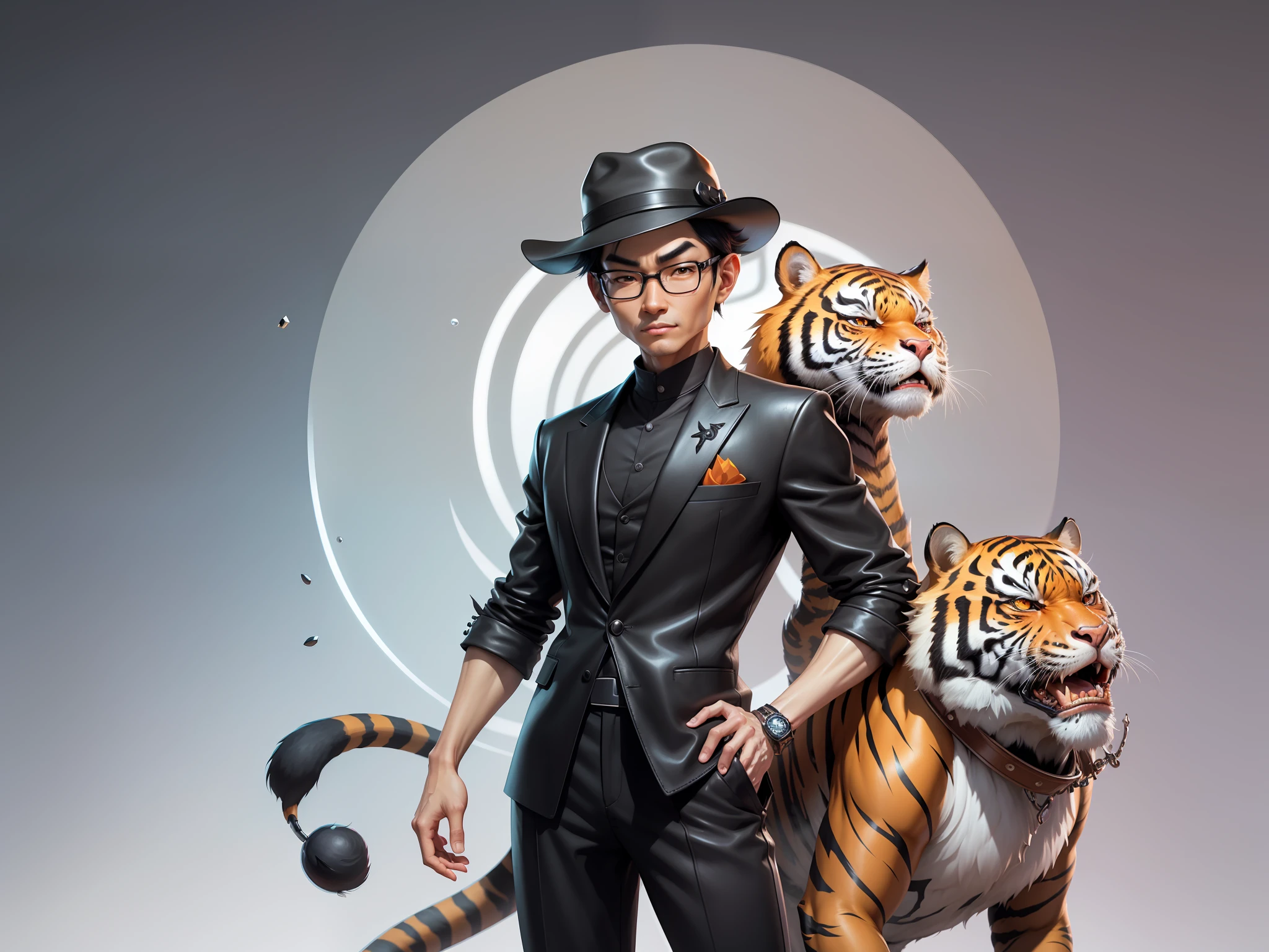 Young man with oriental face in leather hat, tiger, oriental face in formal suit, short black hair, silver glasses, digital painting, 3D character design by Mark Clairedon and Pixar and Hayao Miyazaki and Akira Toriyama, the illustration is a high-definition illustration in 4K resolution with very detailed facial features and cartoon-style visuals.