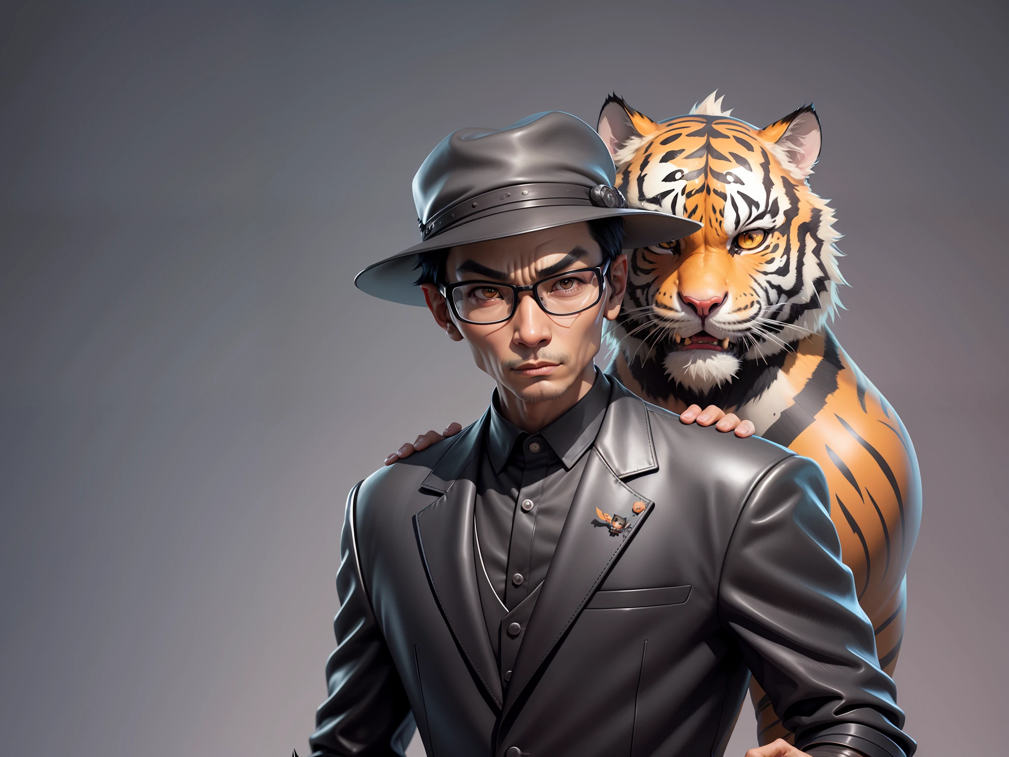 Young man with oriental face in leather hat, tiger, oriental face in formal suit, short black hair, silver glasses, digital painting, 3D character design by Mark Clairedon and Pixar and Hayao Miyazaki and Akira Toriyama, the illustration is a high-definition illustration in 4K resolution with very detailed facial features and cartoon-style visuals.
