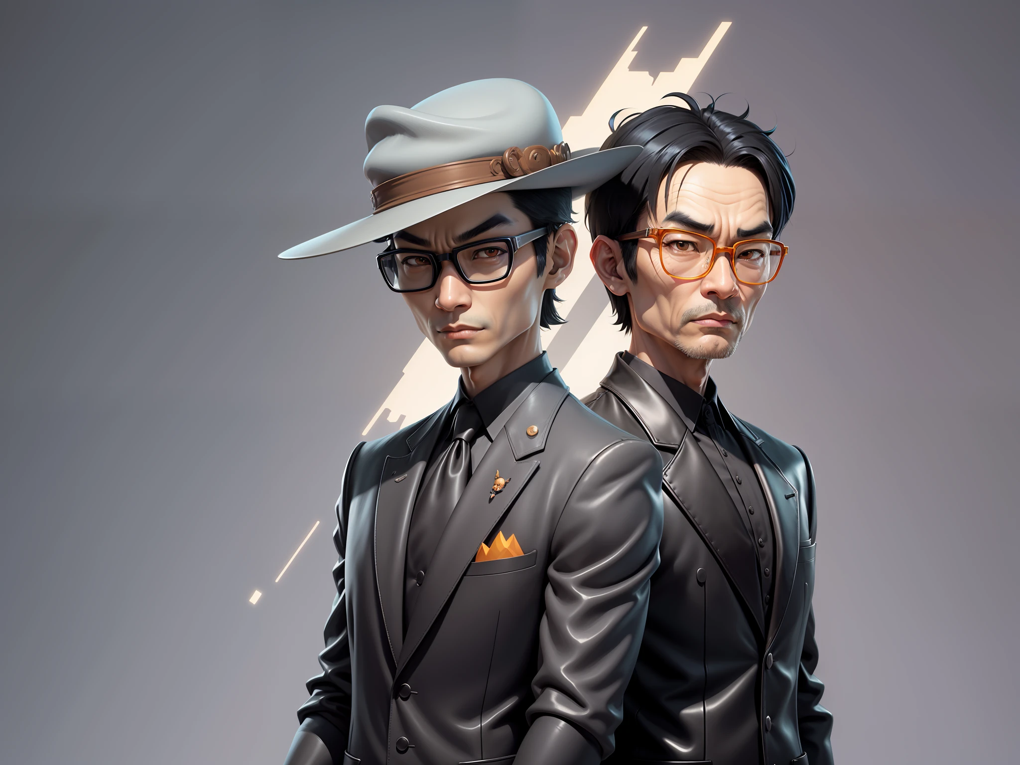 Young man with oriental face in leather hat, tiger, oriental face in formal suit, short black hair, silver glasses, digital painting, 3D character design by Mark Clairedon and Pixar and Hayao Miyazaki and Akira Toriyama, the illustration is a high-definition illustration in 4K resolution with very detailed facial features and cartoon-style visuals.