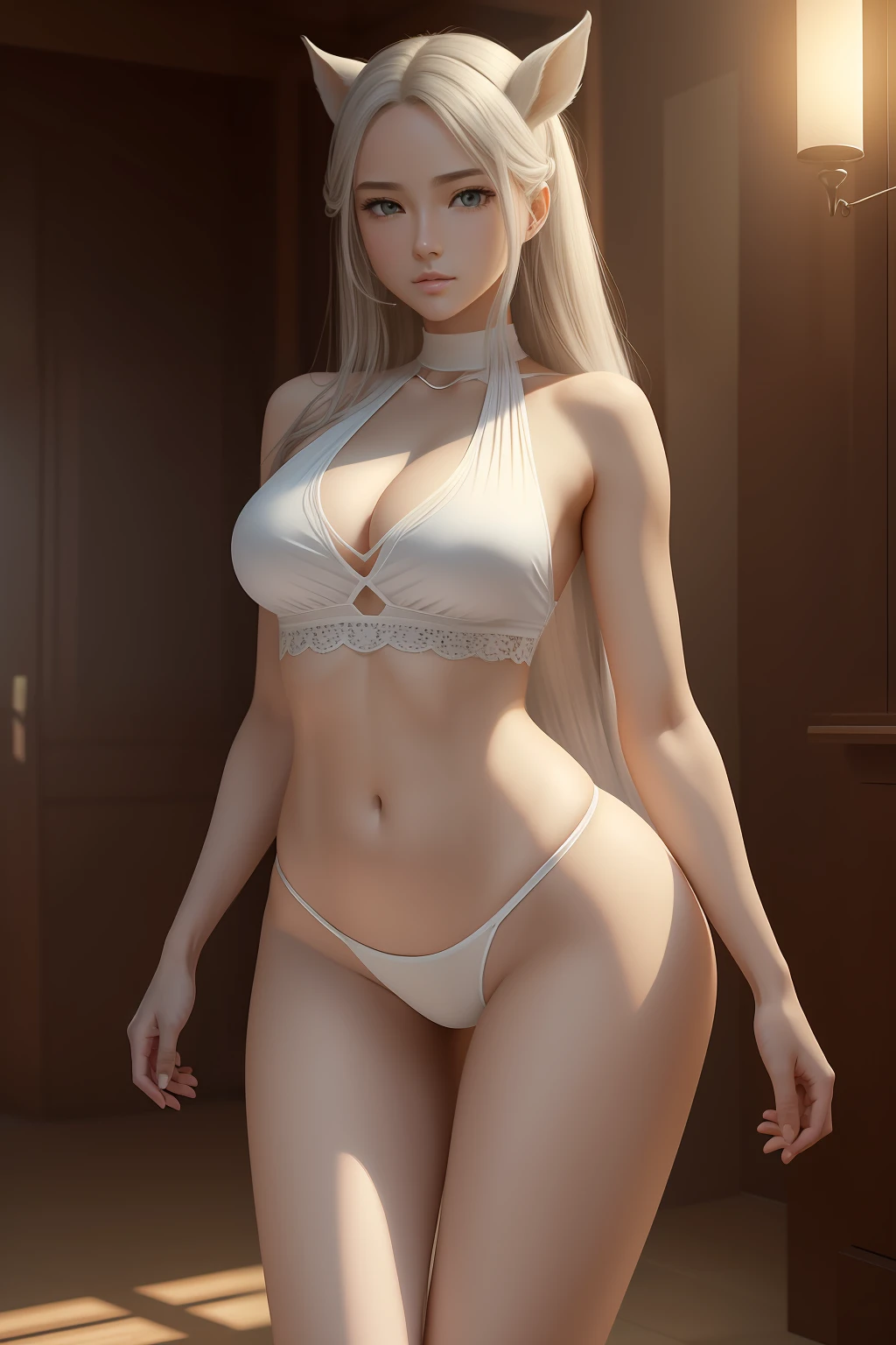 Super sexy centaur female,centaur,centaur horse,The butt of a person is connected to the body of a horse,Full body like,Facing the camera, (Low-cut skinny white lace panties)), ((White crop top top:1.5) Vest with exposed neckline),Sexy long legs,Barefoot, Shawl, long hair, gray hair, photorealestic, photography of, (A high resolution), (realisticlying:1.4), (very intricate),(Delicate facial features) (exquisitedetails), highly detailed, A high resolution, Original,Full body photo,in a panoramic view, Extremely detailed 8K wallpaper, best qualtiy, 详细的脸, ultra - detailed, RAW photogr, realisticlying, (thigh gap:1.5)