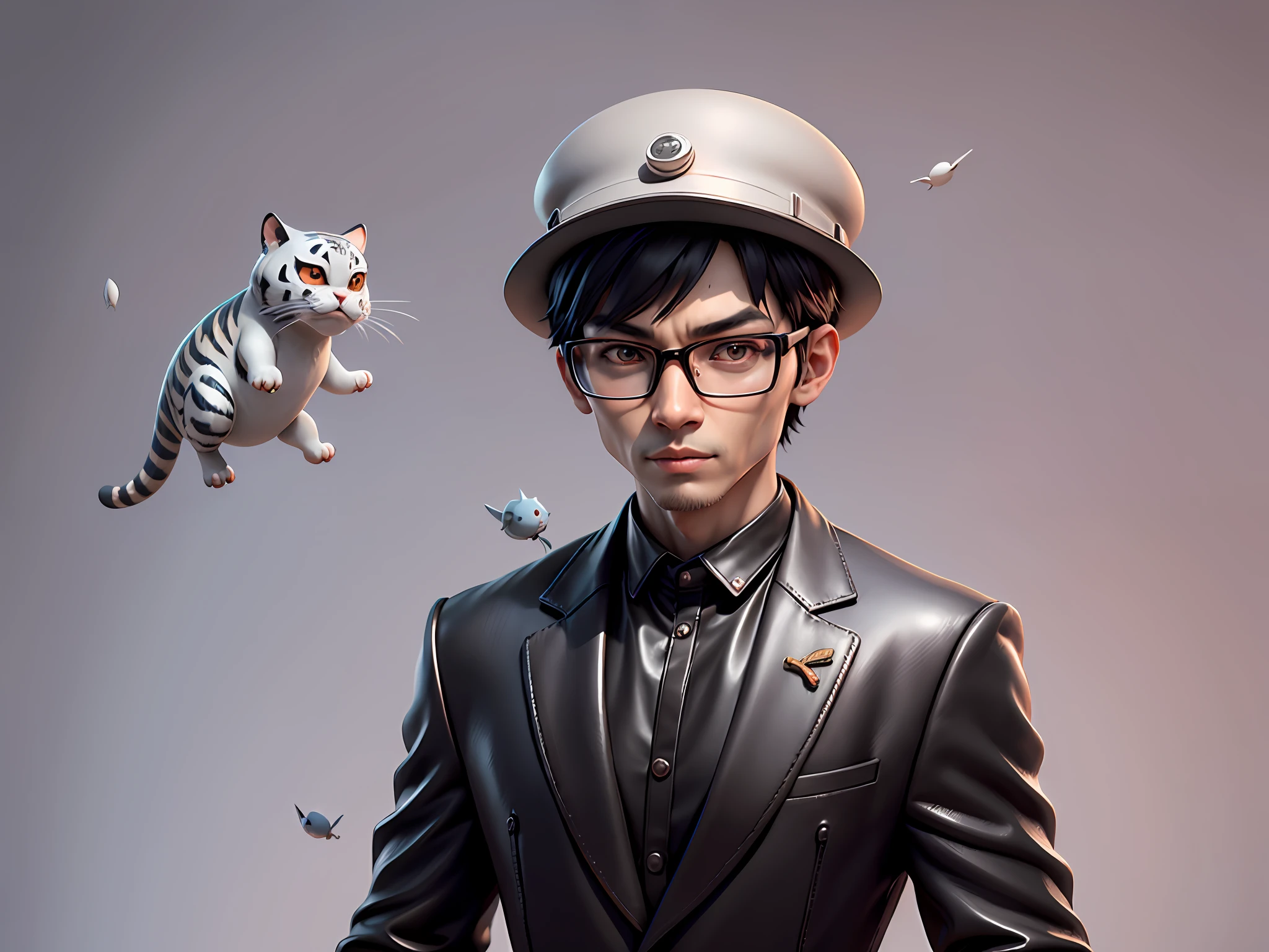 Young man with oriental face in leather hat, tiger, oriental face in formal suit, short black hair, silver glasses, digital painting, 3D character design by Mark Clairedon and Pixar and Hayao Miyazaki and Akira Toriyama, the illustration is a high-definition illustration in 4K resolution with very detailed facial features and cartoon-style visuals.