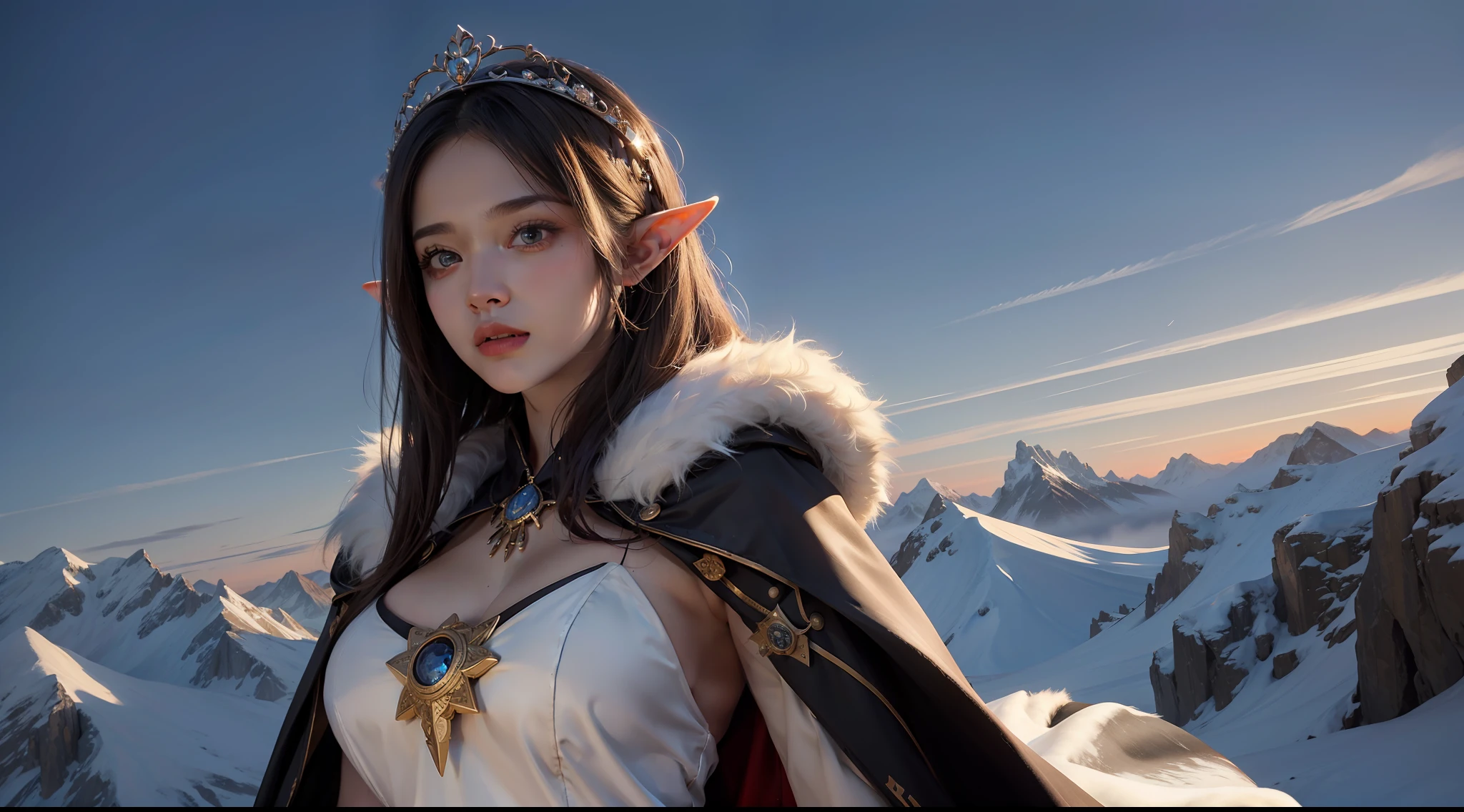 (Award-winning digital artwork:1.3) af (sketching:1.3),(with dynamism:1.aturation:1.3),(Close portrait:1.3),(femele:1.4),(big btiful: 1.4),(carismatic:1.3),Female elf,(((pelt coats))),complex patterns,Perfect Detailed Eyes,Snow-capped mountains in the background,sky-high tower,Film filter, ,dramatics,dynamicposes,illusory engine, (High detail: 1.9),mystic symbols,((Glowing scepter)),